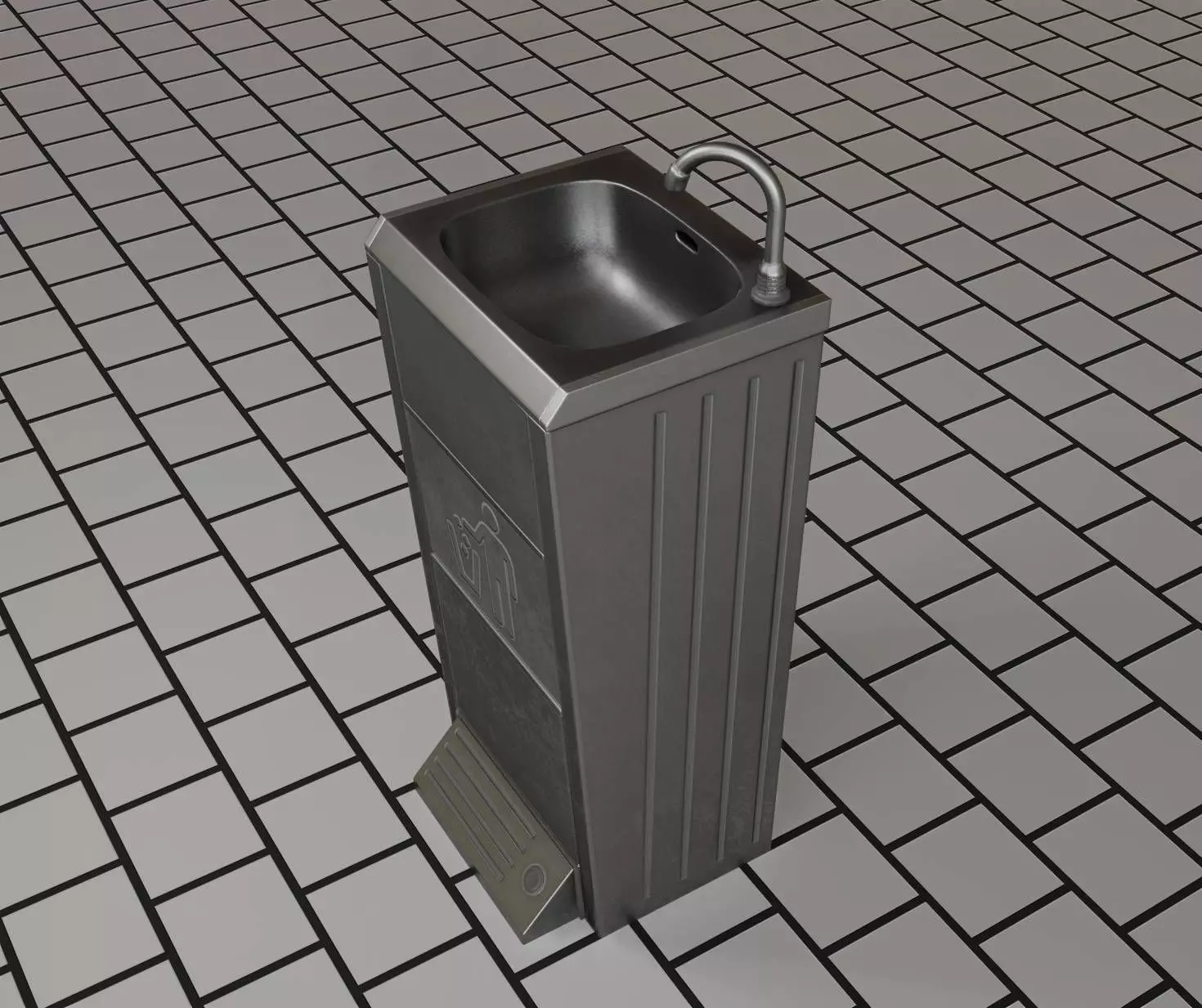Public Metal Sink - 16 - with Trashcan Low-poly 3D model_0
