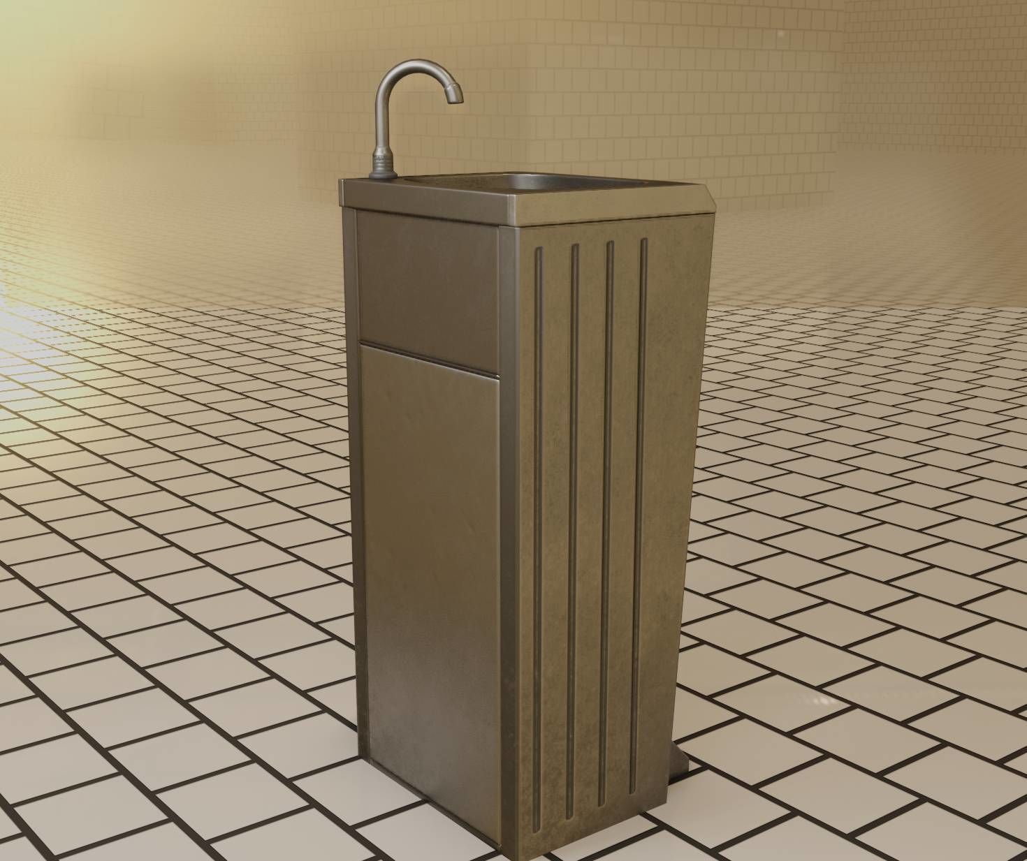 Public Metal Sink - 16 - with Trashcan Low-poly 3D model_5