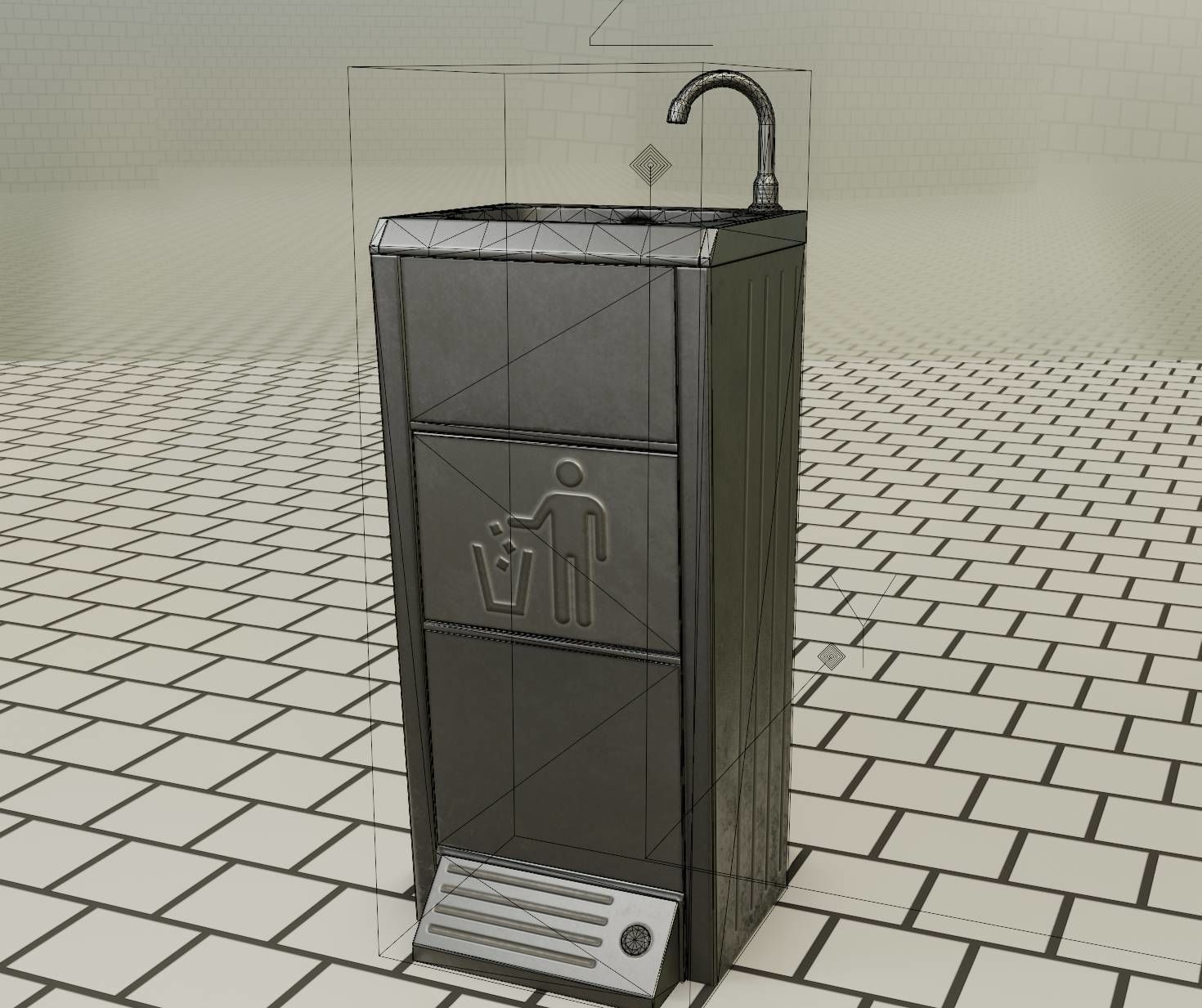 Public Metal Sink - 16 - with Trashcan Low-poly 3D model_64
