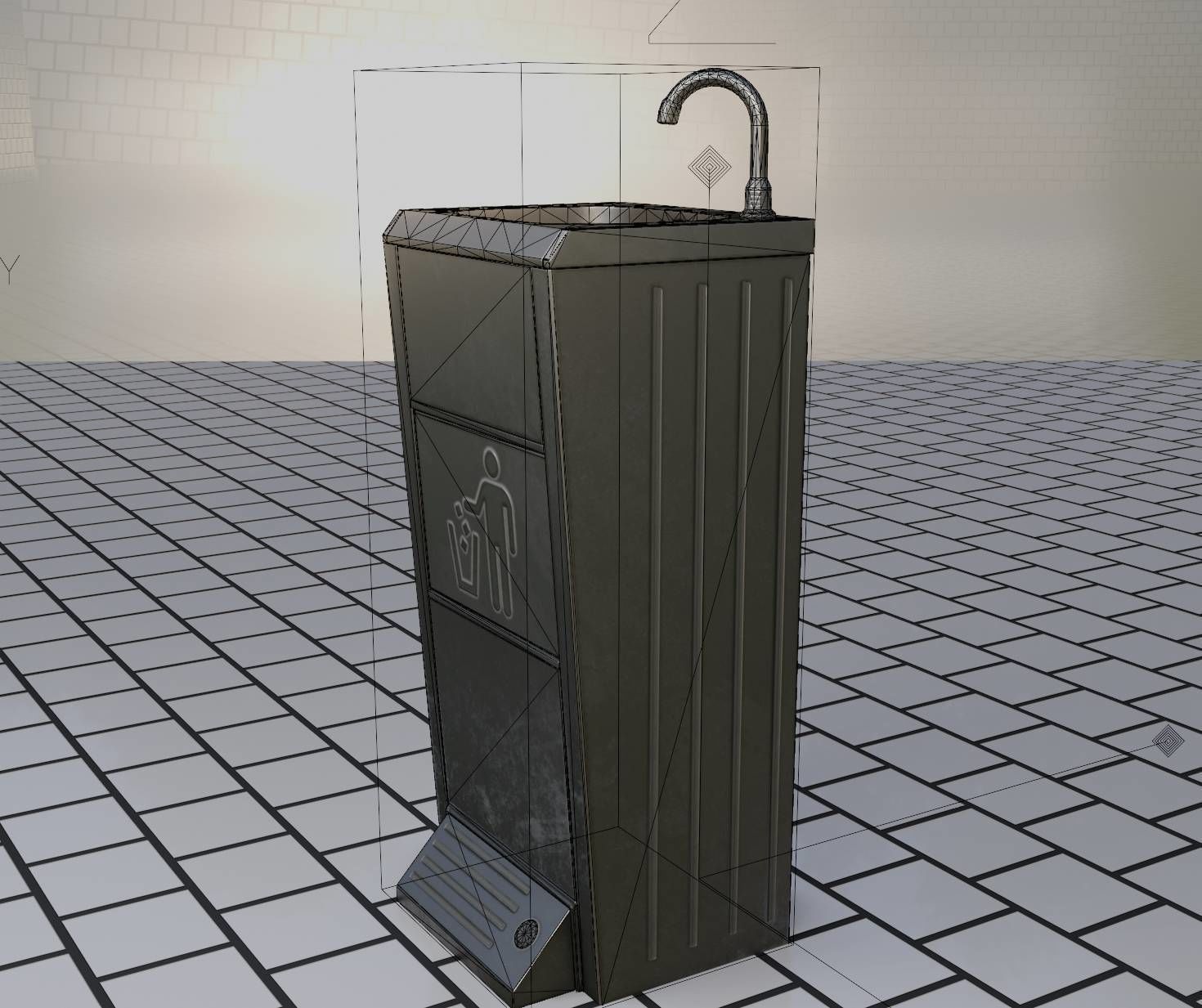 Public Metal Sink - 16 - with Trashcan Low-poly 3D model_63