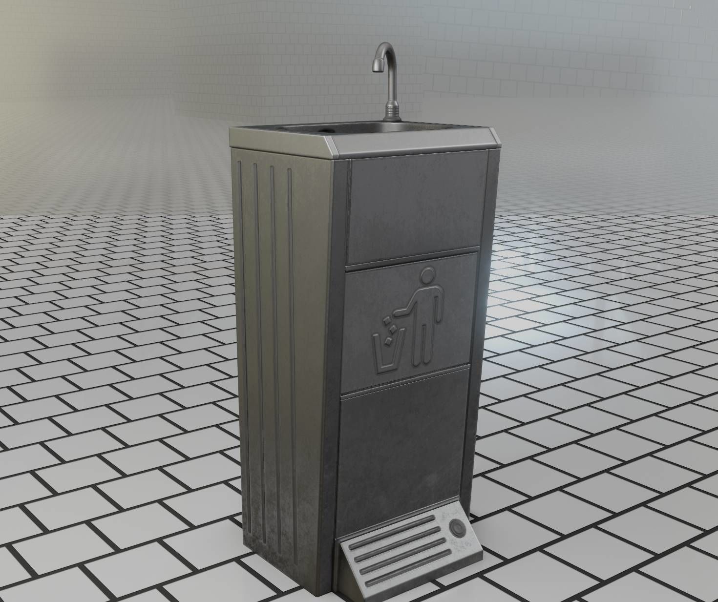Public Metal Sink - 16 - with Trashcan Low-poly 3D model_3