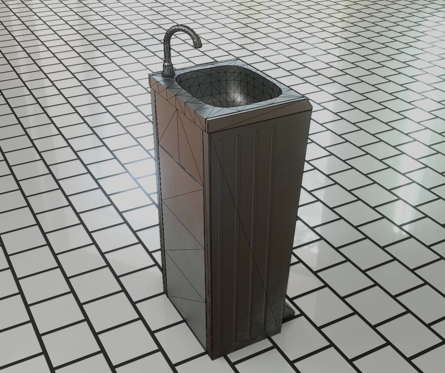 Public Metal Sink - 16 - with Trashcan Low-poly 3D model_86