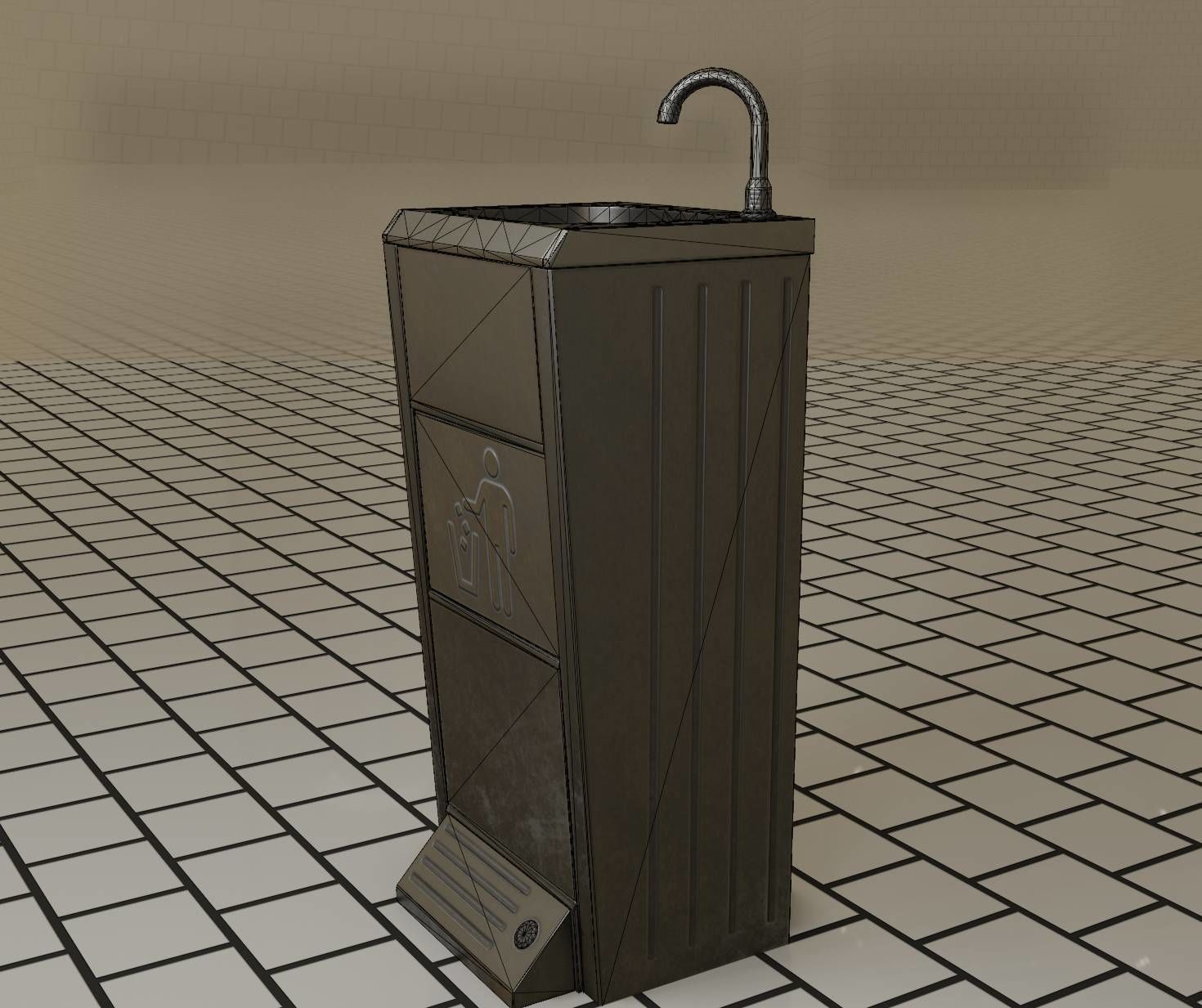 Public Metal Sink - 16 - with Trashcan Low-poly 3D model_32