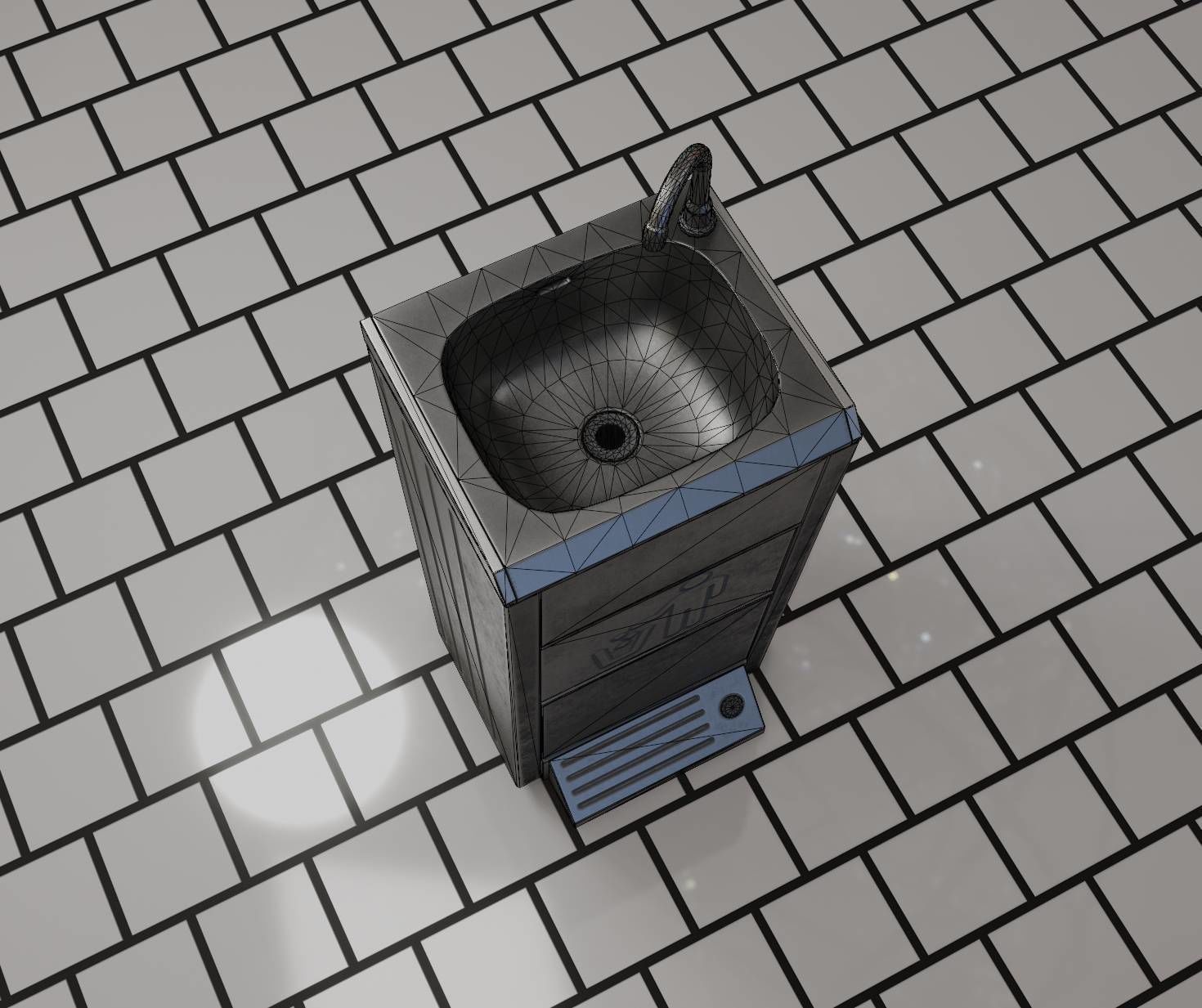 Public Metal Sink - 16 - with Trashcan Low-poly 3D model_52