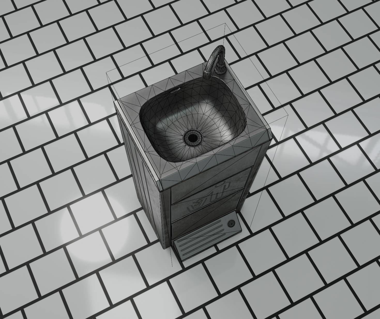Public Metal Sink - 16 - with Trashcan Low-poly 3D model_21