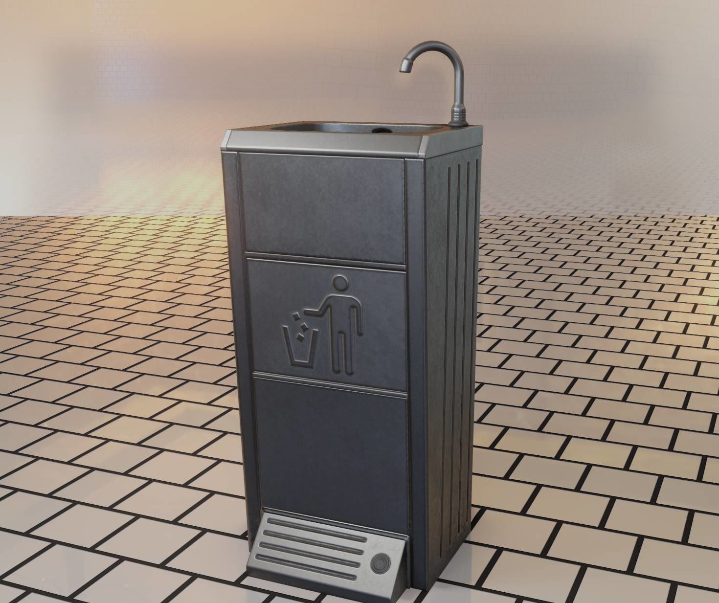 Public Metal Sink - 16 - with Trashcan Low-poly 3D model_2