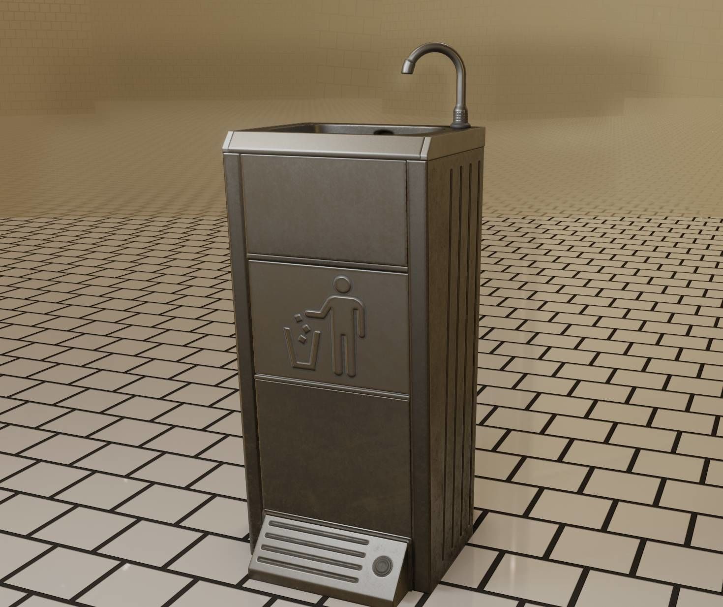 Public Metal Sink - 16 - with Trashcan Low-poly 3D model_33