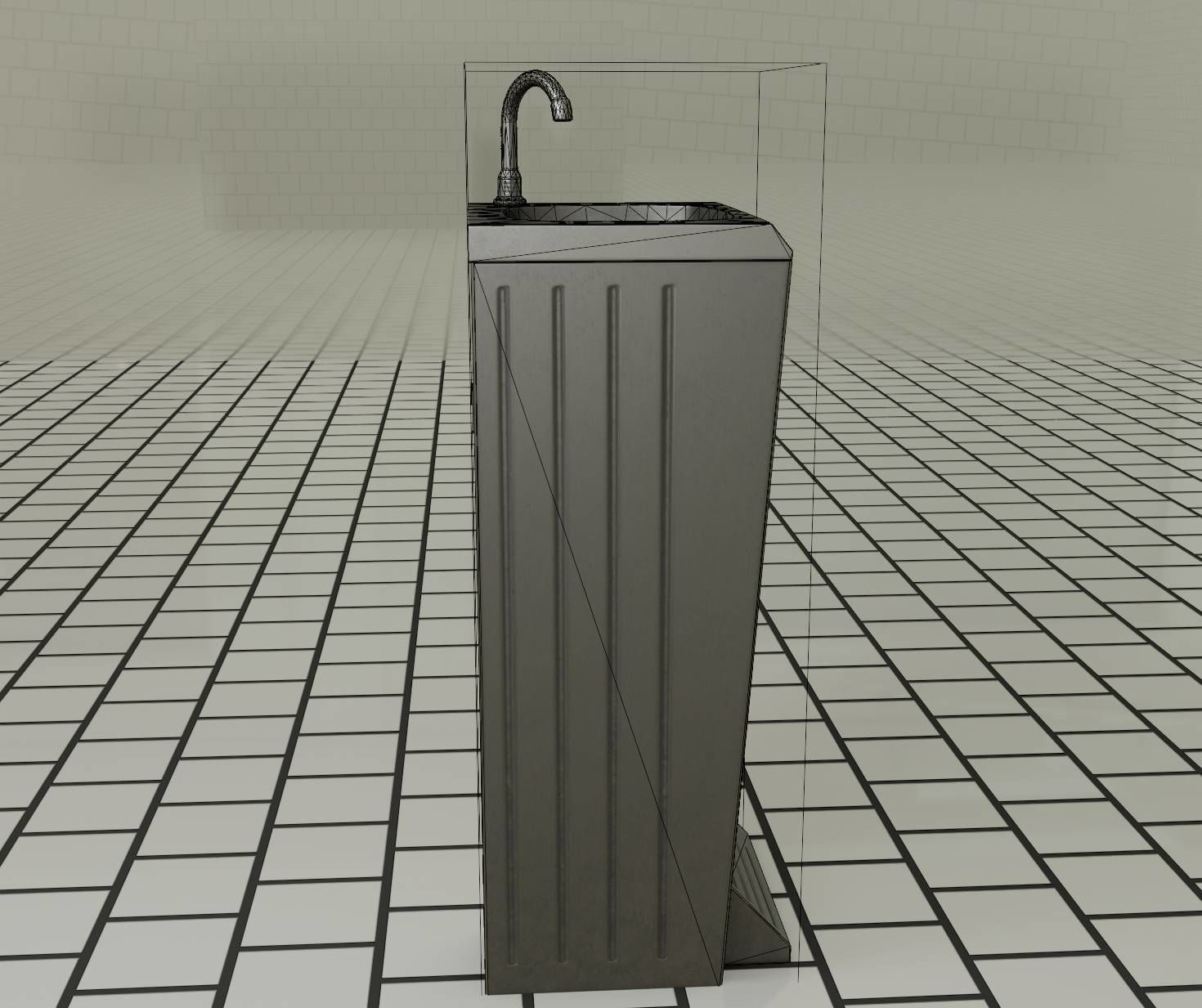 Public Metal Sink - 16 - with Trashcan Low-poly 3D model_4