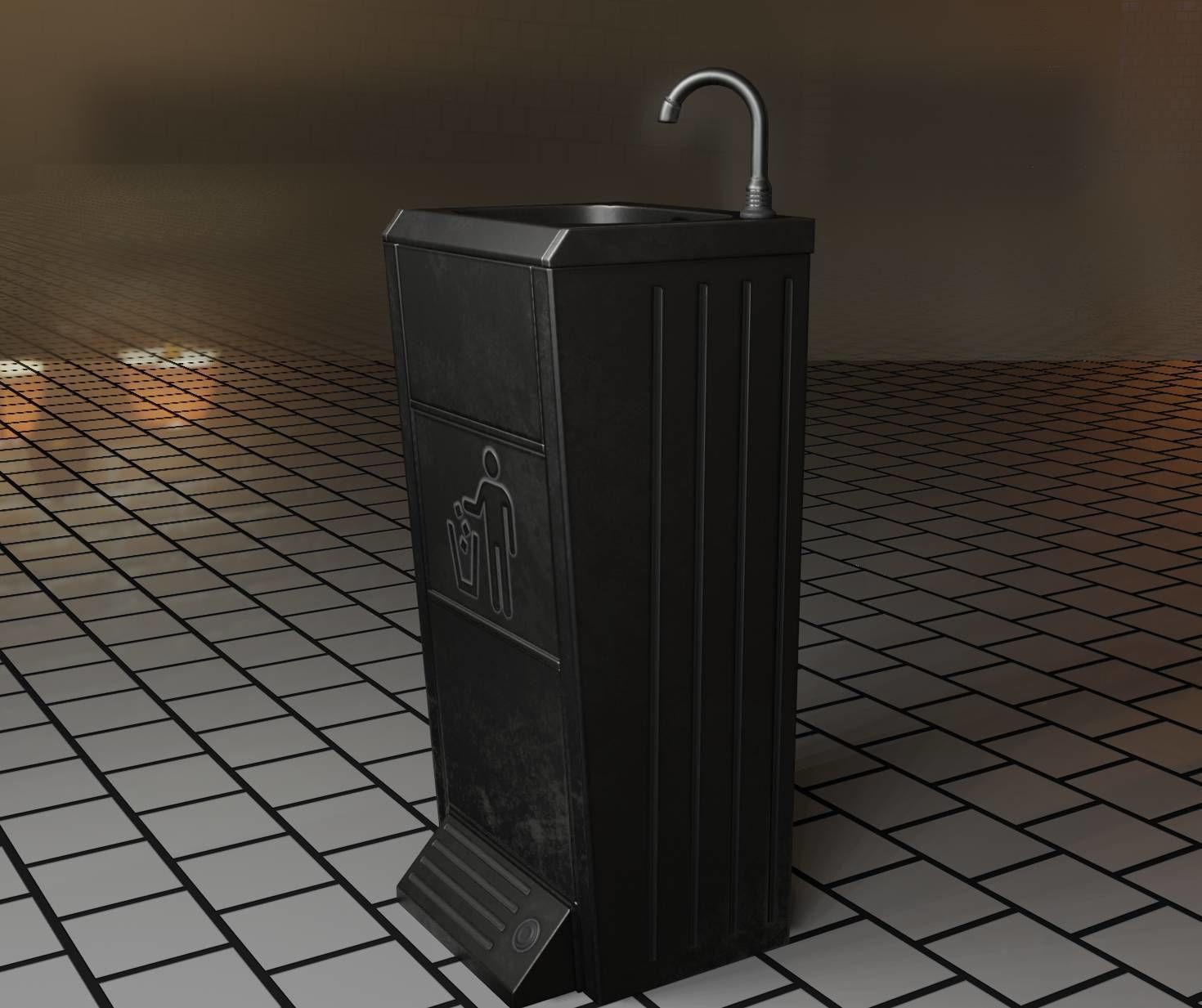 Public Metal Sink - 16 - with Trashcan Low-poly 3D model_94