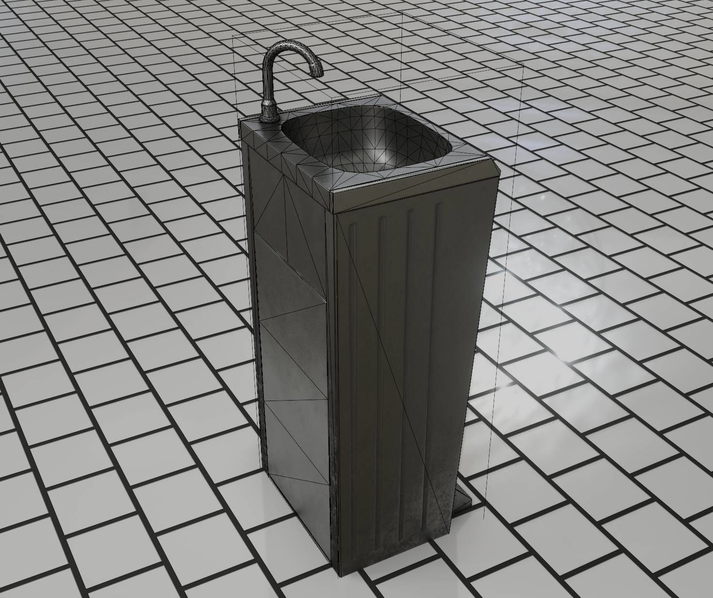 Public Metal Sink - 16 - with Trashcan Low-poly 3D model_55
