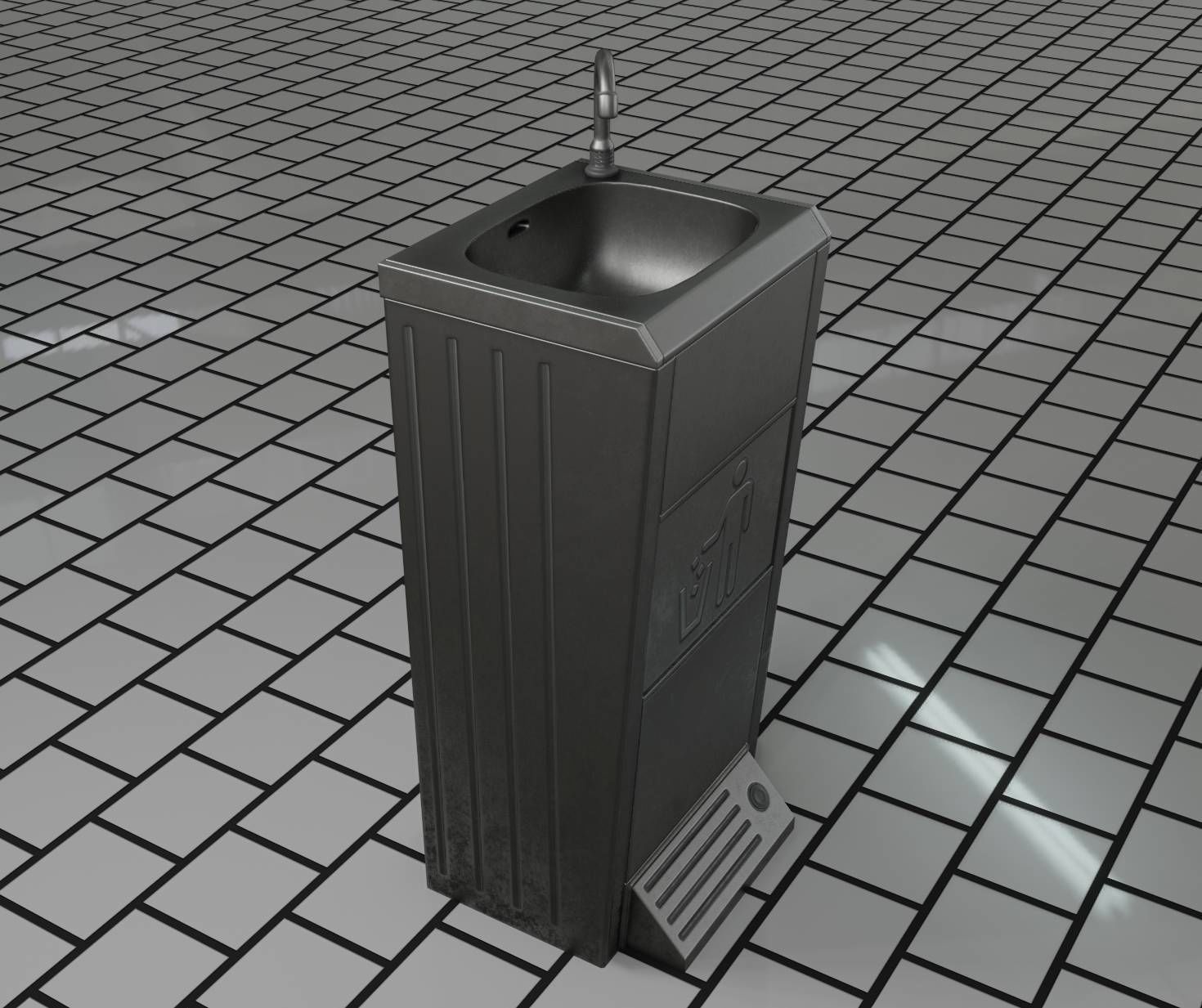 Public Metal Sink - 16 - with Trashcan Low-poly 3D model_22