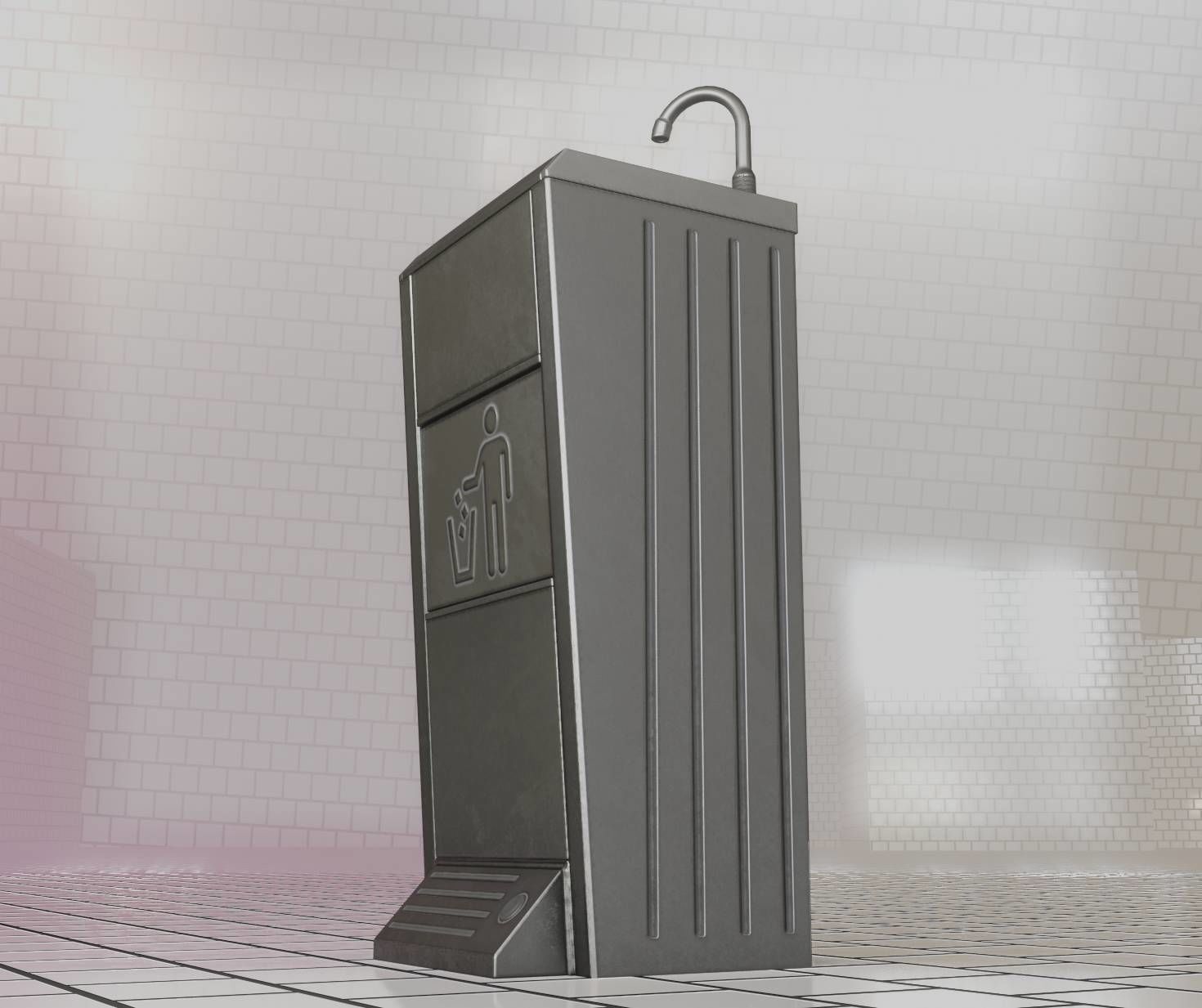 Public Metal Sink - 16 - with Trashcan Low-poly 3D model_10