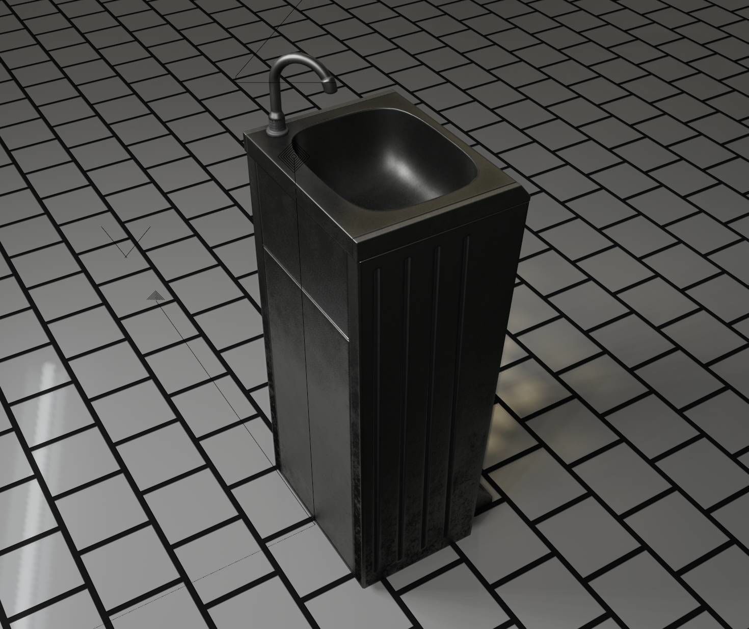 Public Metal Sink - 16 - with Trashcan Low-poly 3D model_91