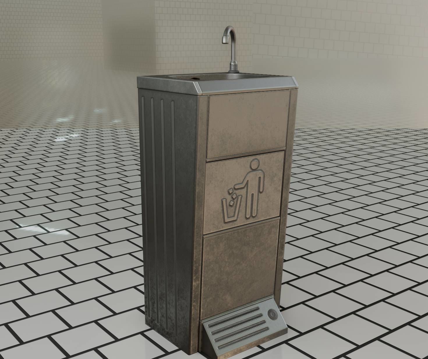 Public Metal Sink - 16 - with Trashcan Low-poly 3D model_65