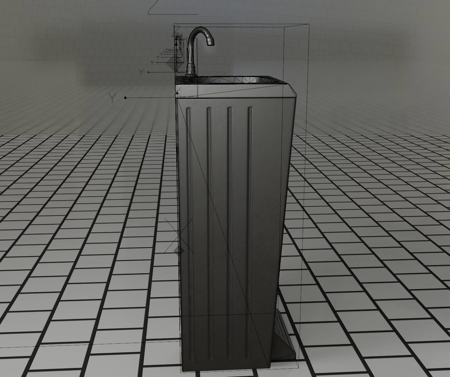Public Metal Sink - 16 - with Trashcan Low-poly 3D model_97