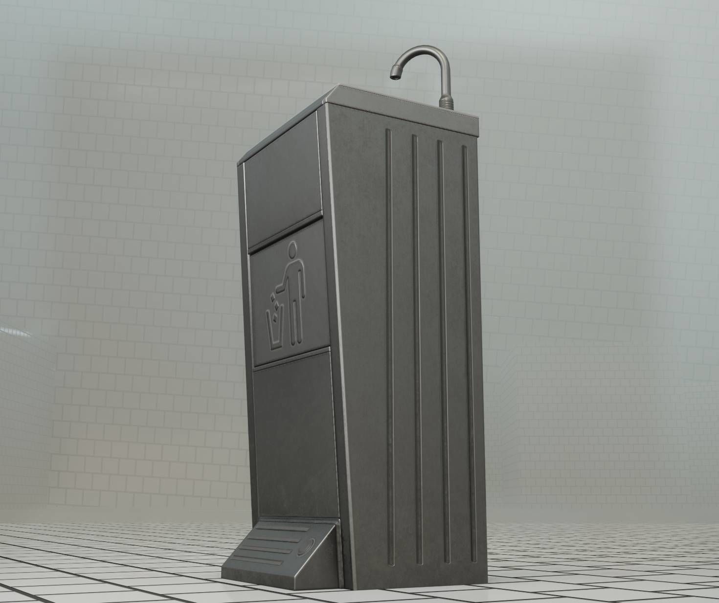 Public Metal Sink - 14 - with Wastebin Low-poly 3D model_86
