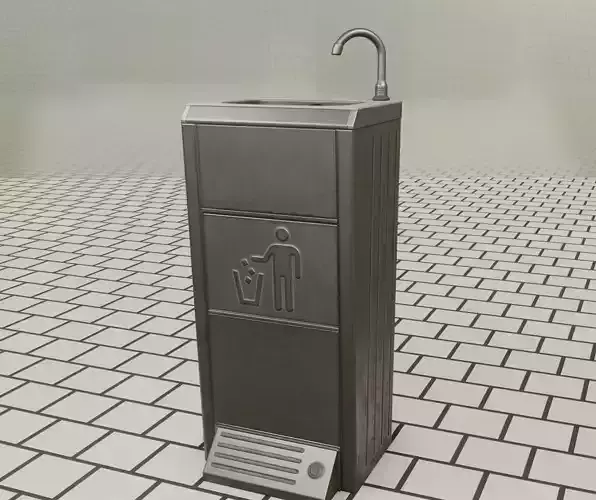 Public Metal Sink - 14 - with Wastebin Low-poly 3D model