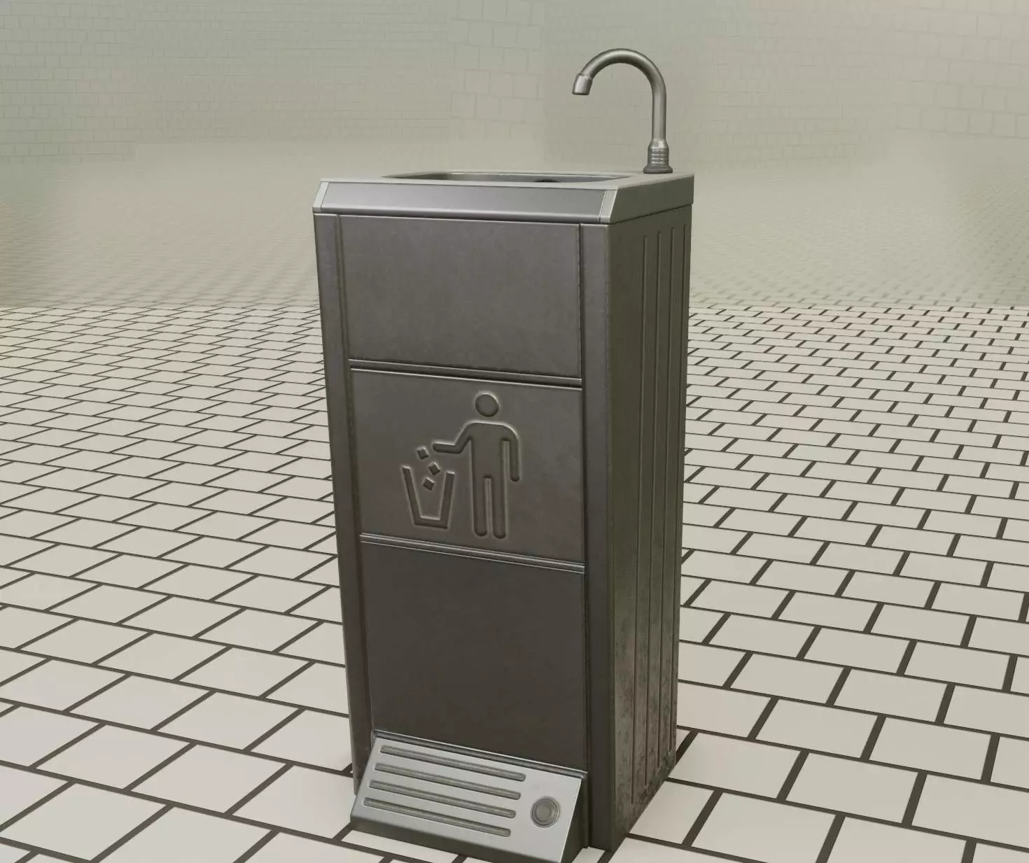 Public Metal Sink - 14 - with Wastebin Low-poly 3D model_0