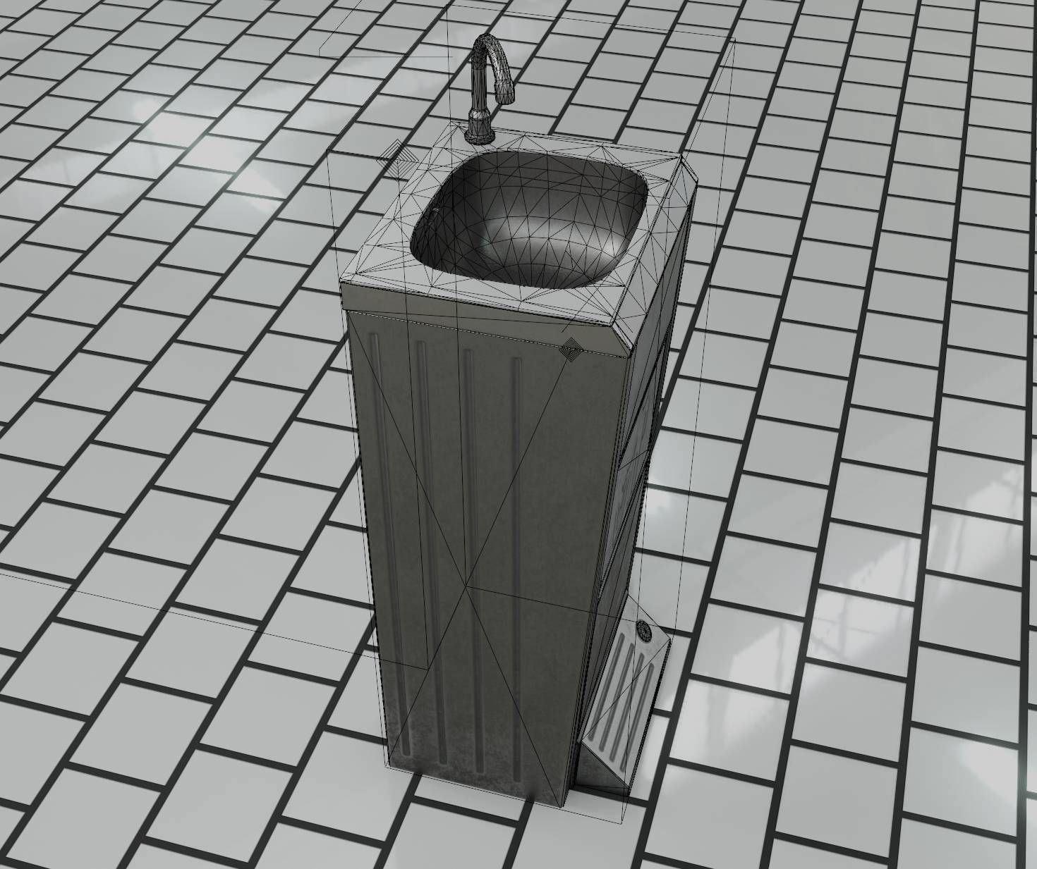 Public Metal Sink - 14 - with Wastebin Low-poly 3D model_42
