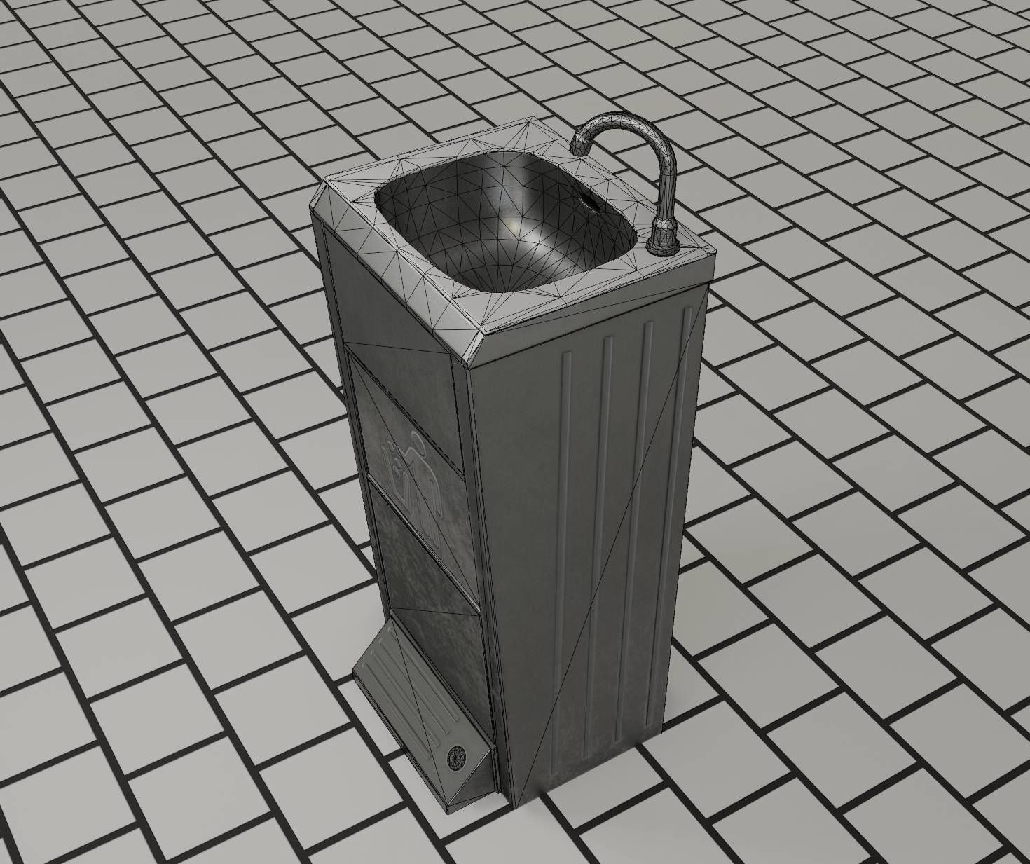Public Metal Sink - 14 - with Wastebin Low-poly 3D model_45