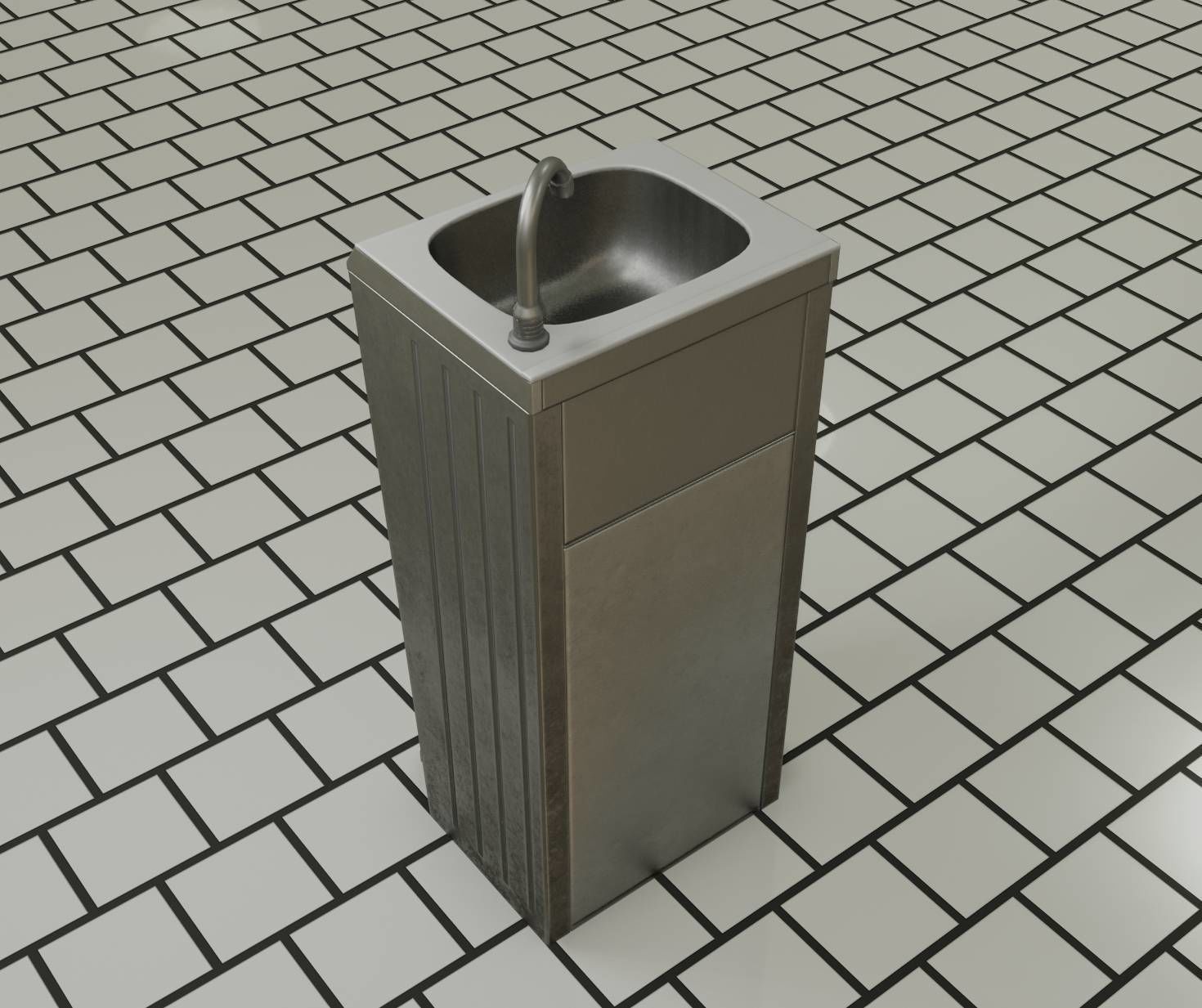 Public Metal Sink - 14 - with Wastebin Low-poly 3D model_3