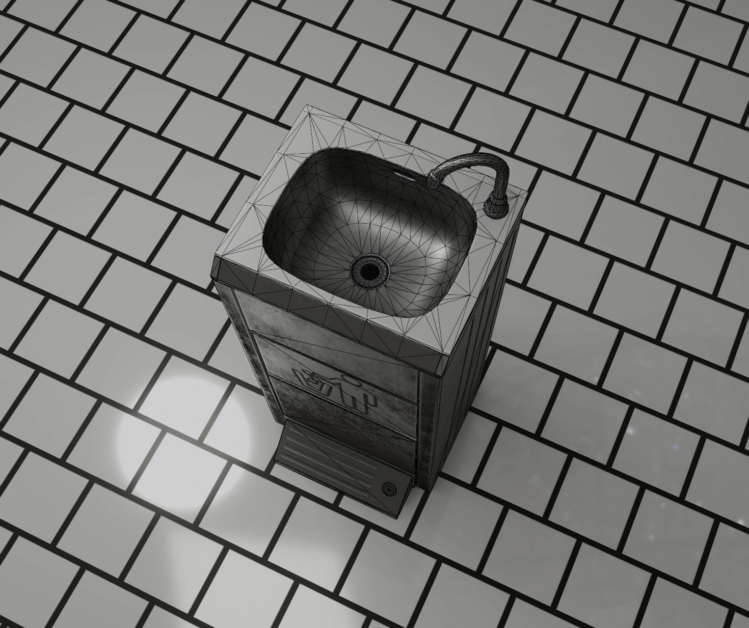 Public Metal Sink - 14 - with Wastebin Low-poly 3D model_96