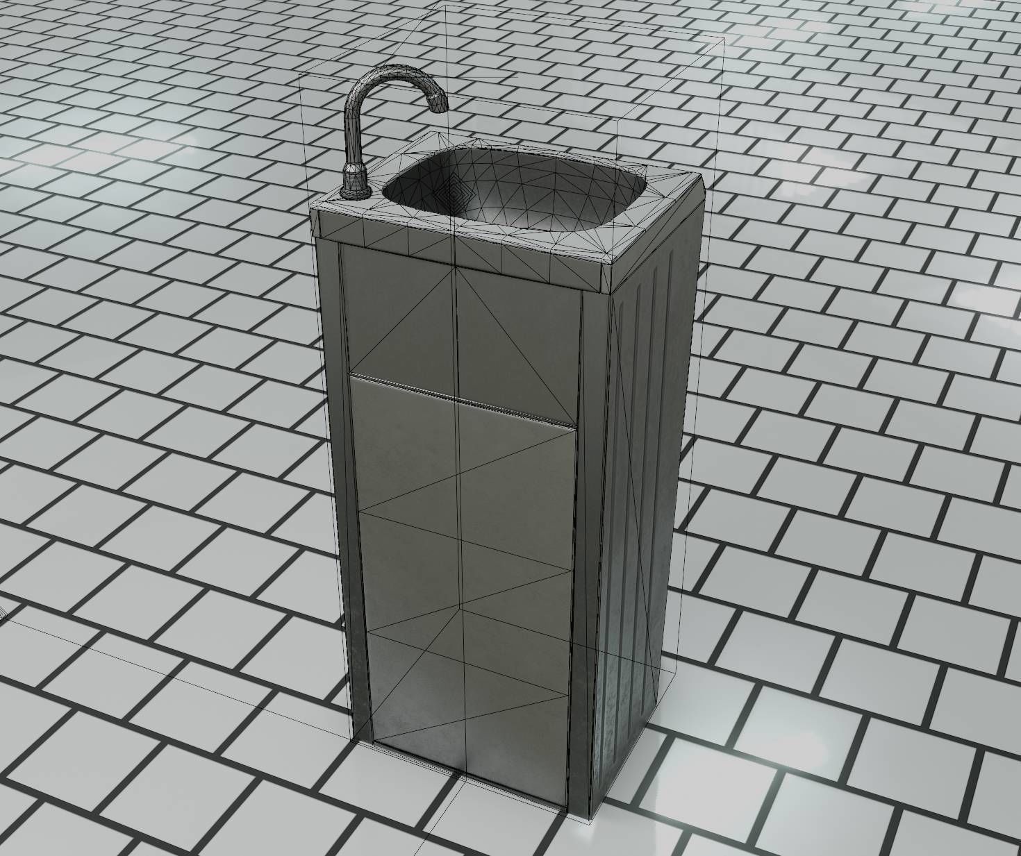 Public Metal Sink - 14 - with Wastebin Low-poly 3D model_11