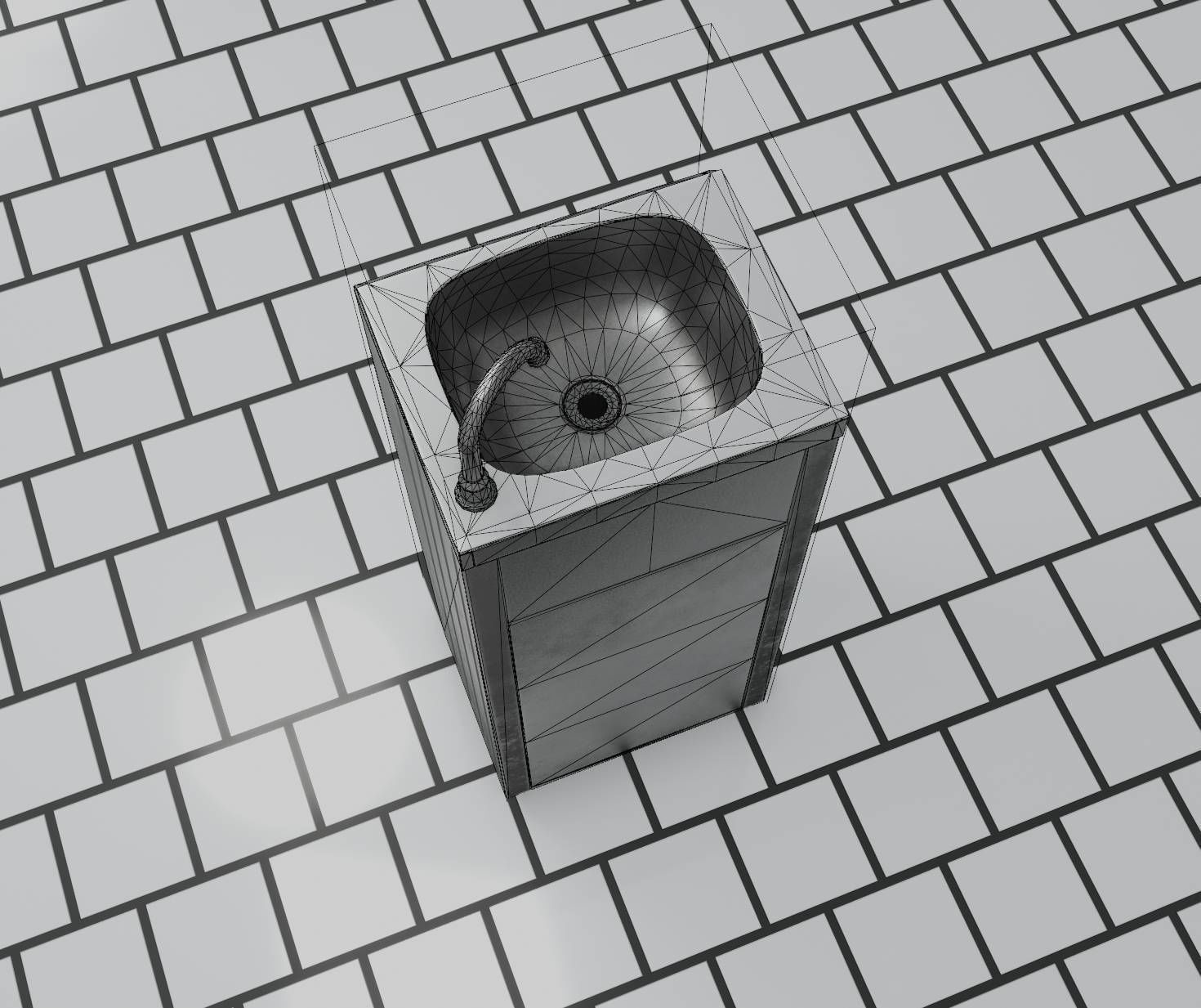 Public Metal Sink - 14 - with Wastebin Low-poly 3D model_4