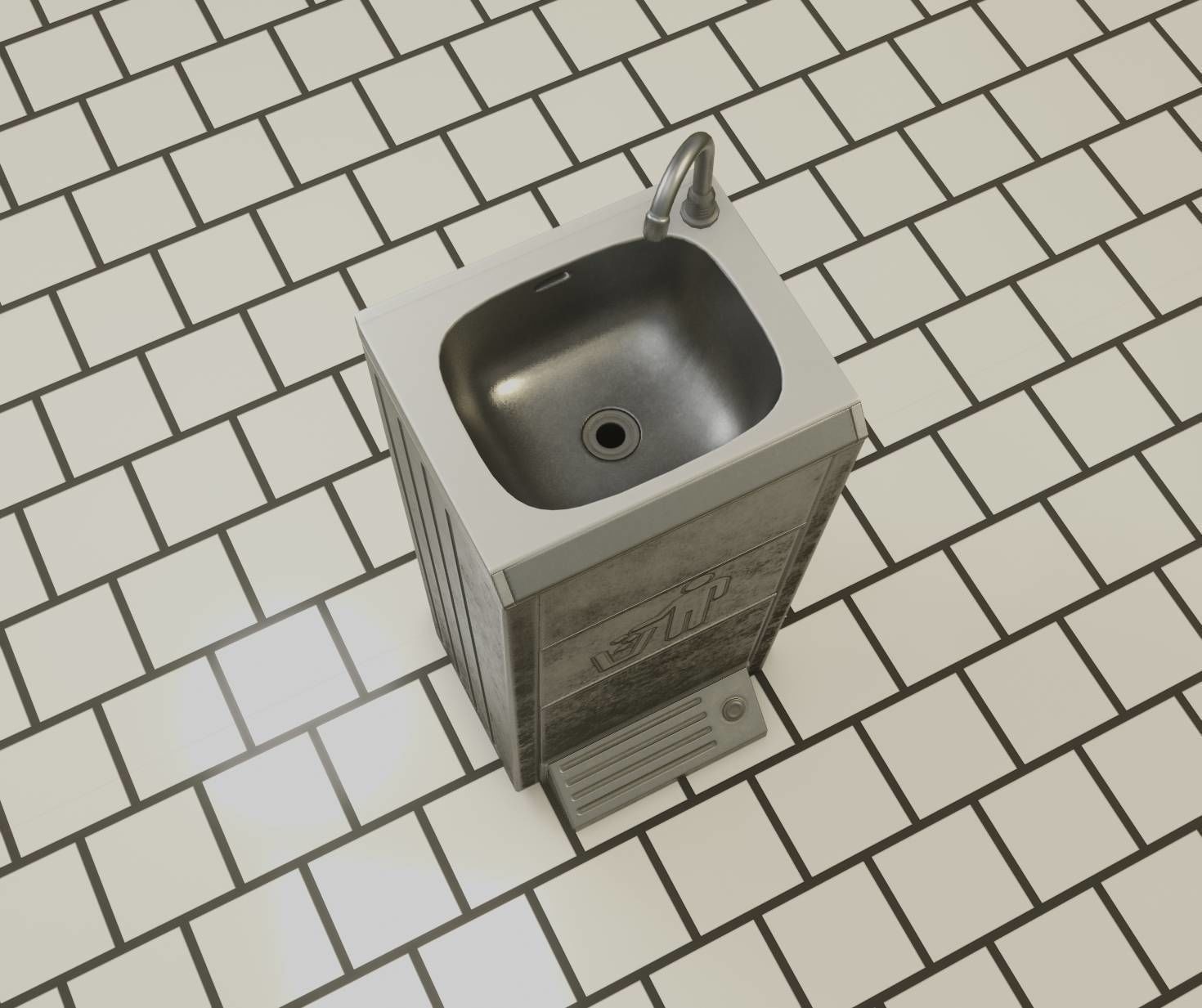 Public Metal Sink - 14 - with Wastebin Low-poly 3D model_35