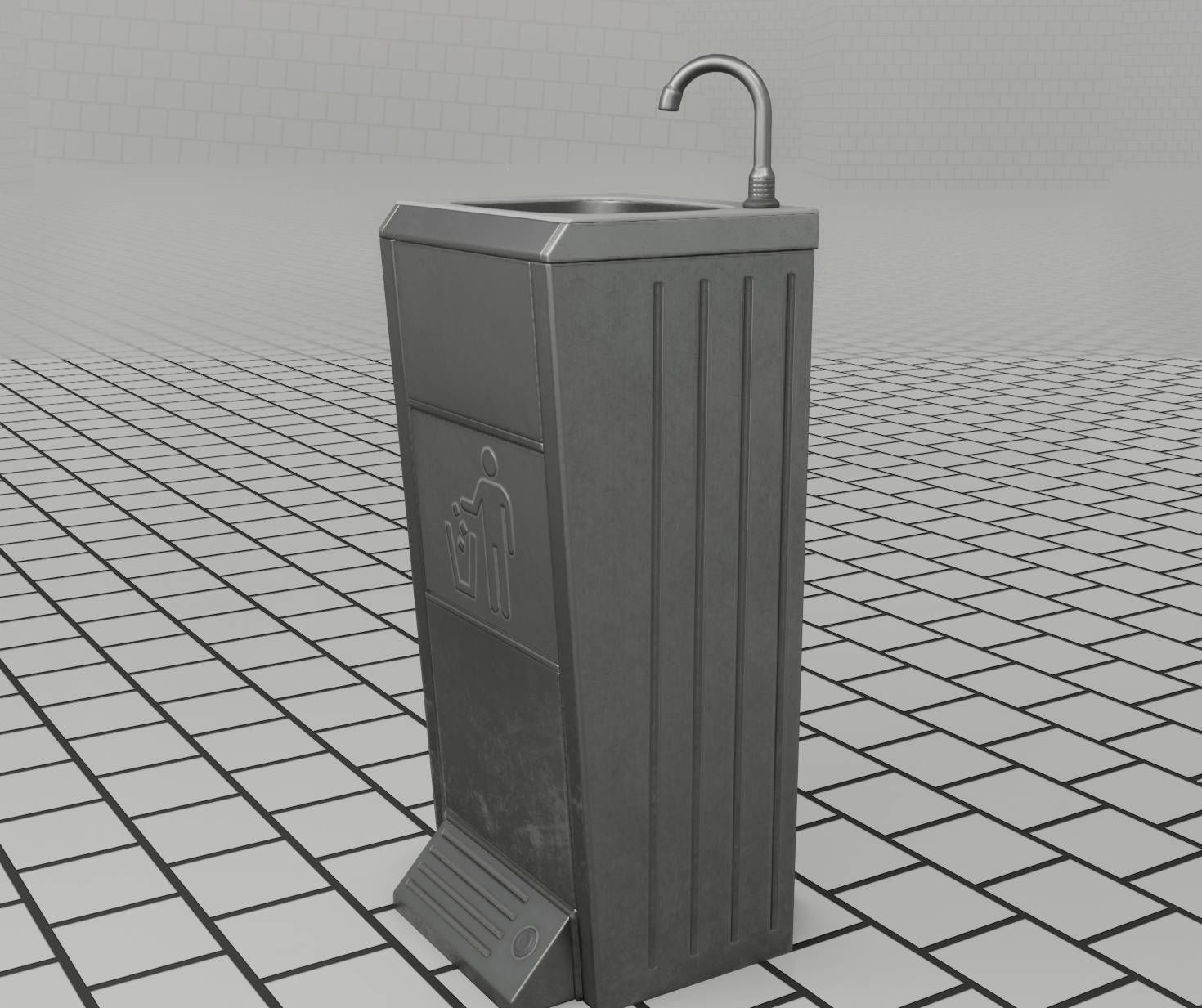 Public Metal Sink - 14 - with Wastebin Low-poly 3D model_46