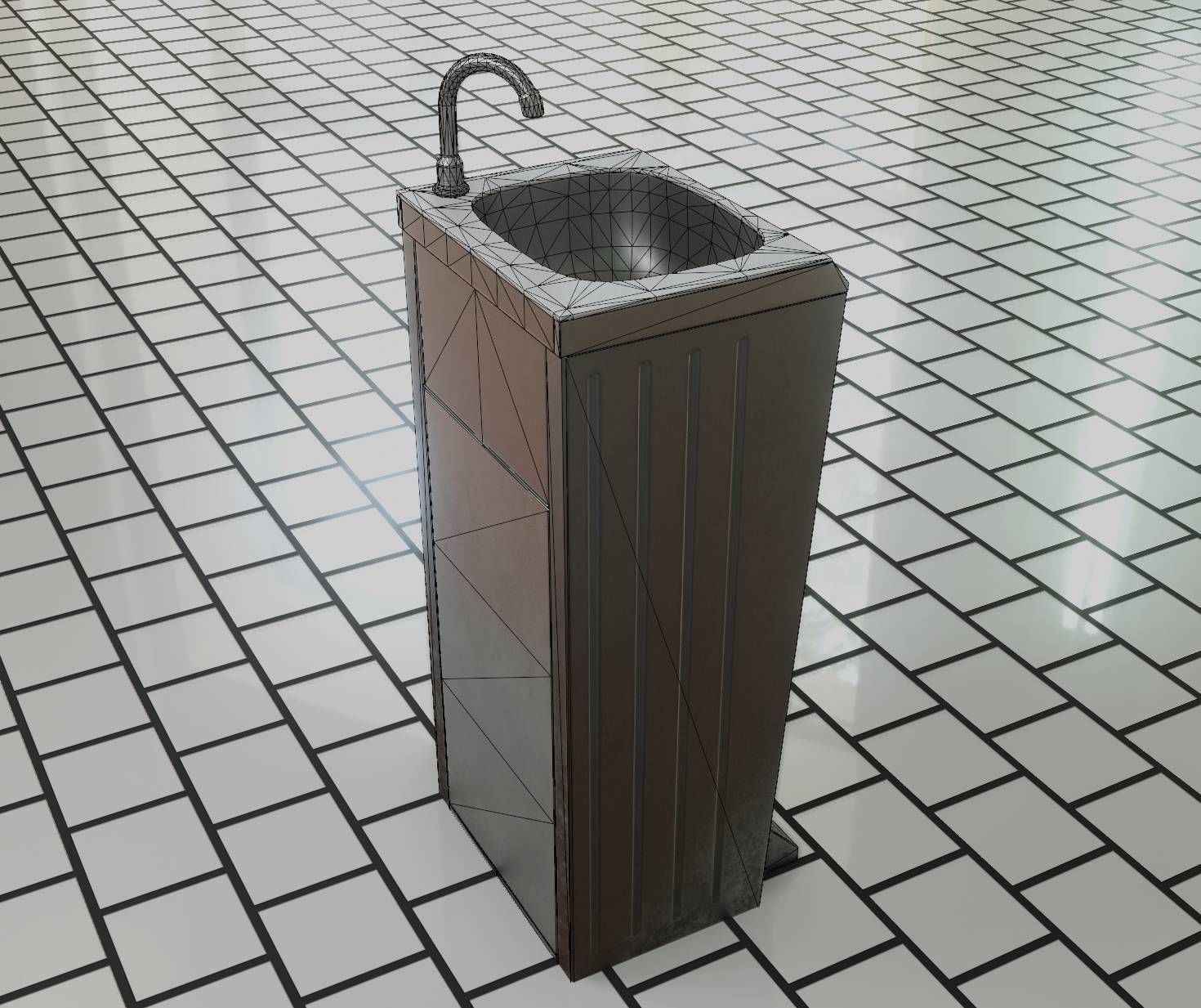 Public Metal Sink - 14 - with Wastebin Low-poly 3D model_38