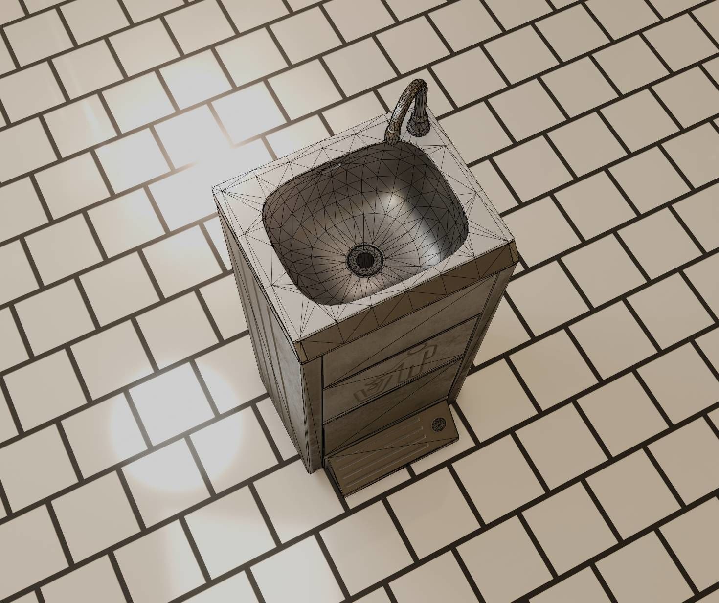 Public Metal Sink - 14 - with Wastebin Low-poly 3D model_7