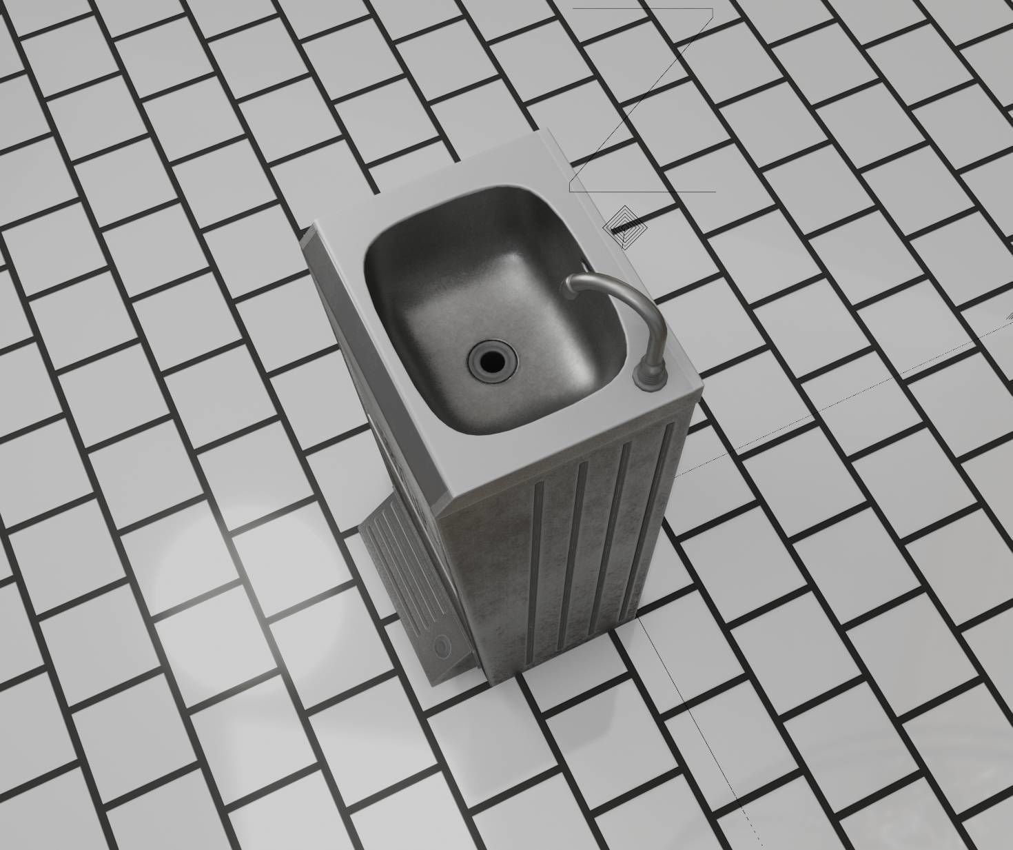 Public Metal Sink - 14 - with Wastebin Low-poly 3D model_6