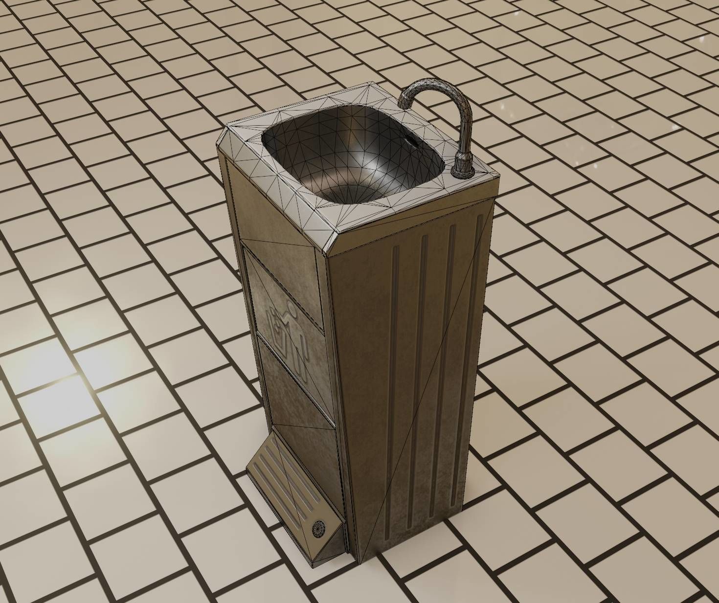 Public Metal Sink - 14 - with Wastebin Low-poly 3D model_16