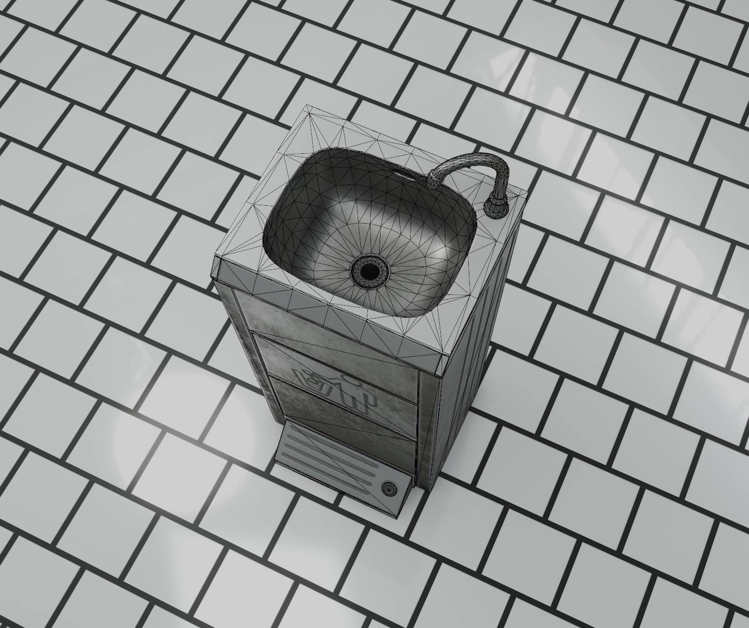 Public Metal Sink - 14 - with Wastebin Low-poly 3D model_65