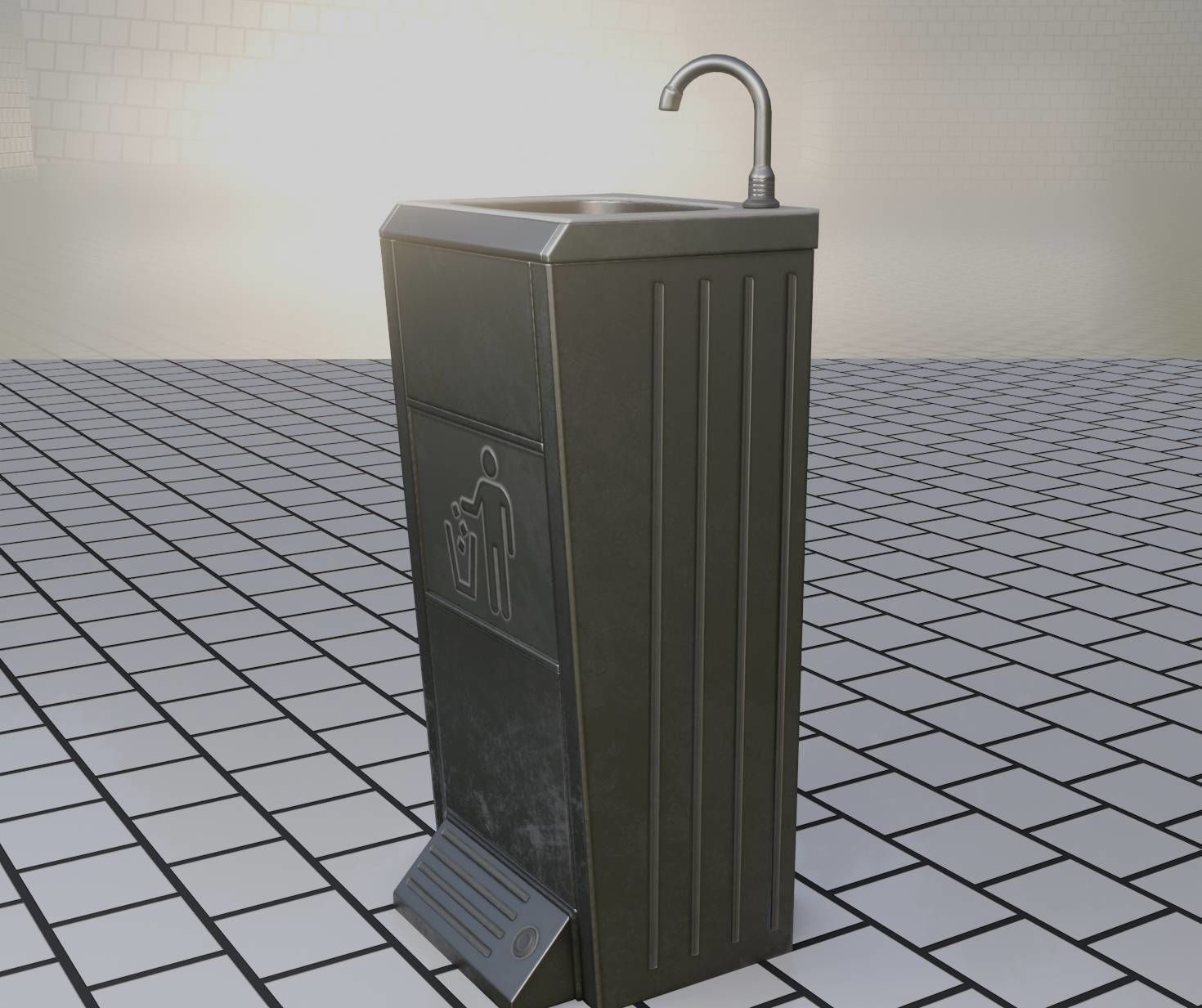 Public Metal Sink - 14 - with Wastebin Low-poly 3D model_17