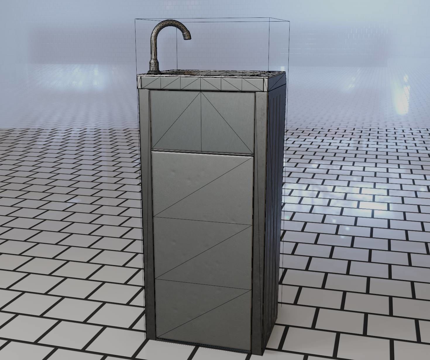 Public Metal Sink - 14 - with Wastebin Low-poly 3D model_51