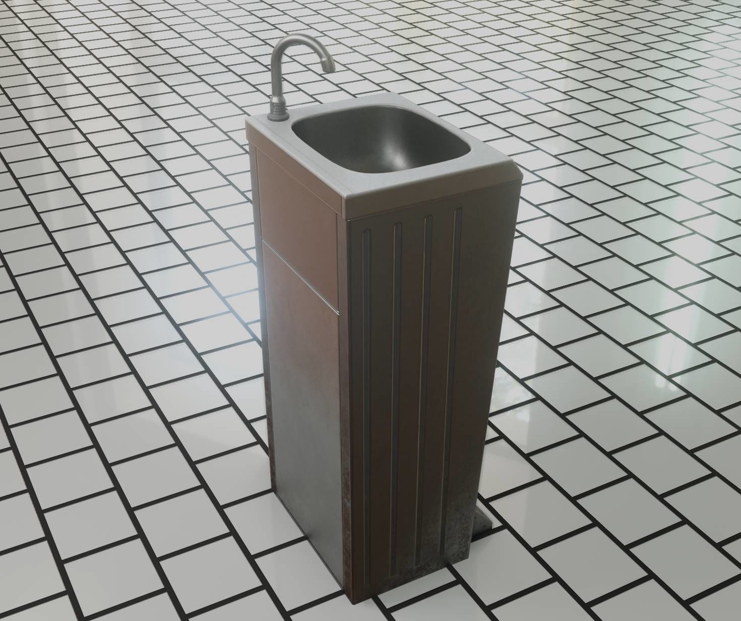 Public Metal Sink - 14 - with Wastebin Low-poly 3D model_10