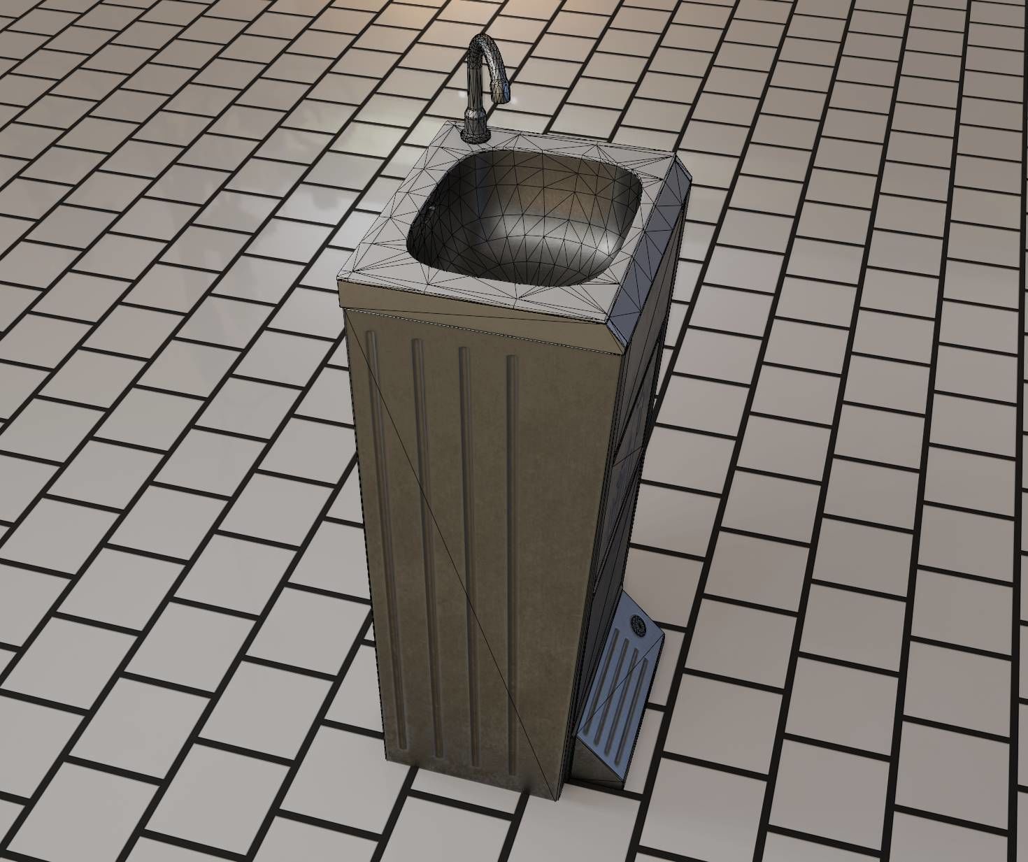 Public Metal Sink - 14 - with Wastebin Low-poly 3D model_14