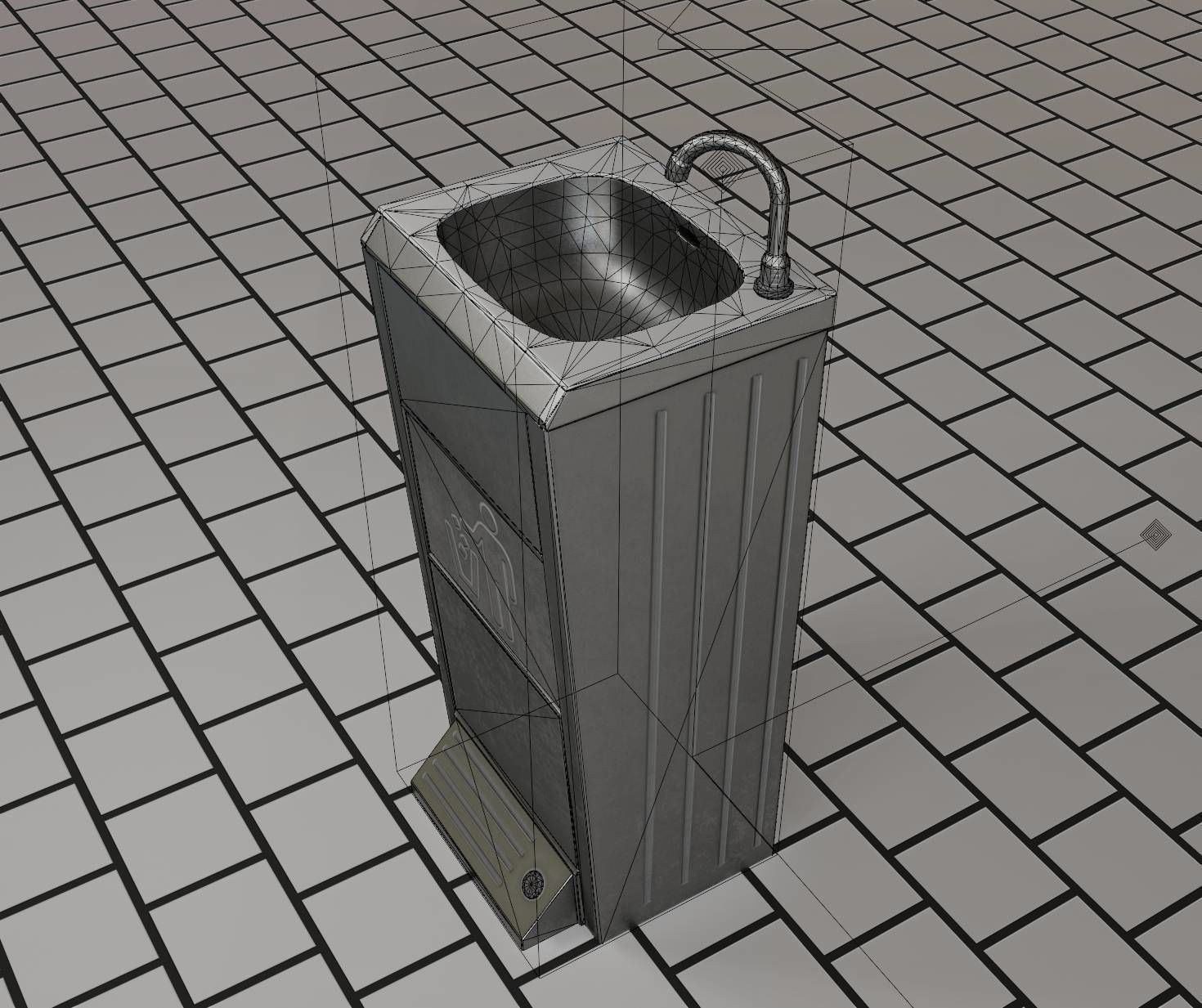 Public Metal Sink - 14 - with Wastebin Low-poly 3D model_76