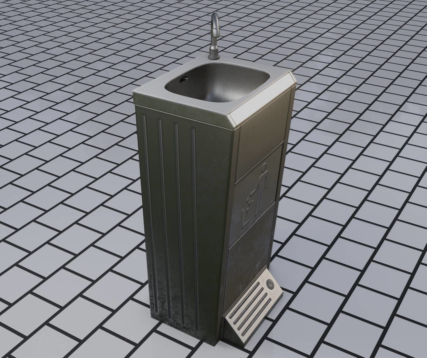 Public Metal Sink - 14 - with Wastebin Low-poly 3D model_8