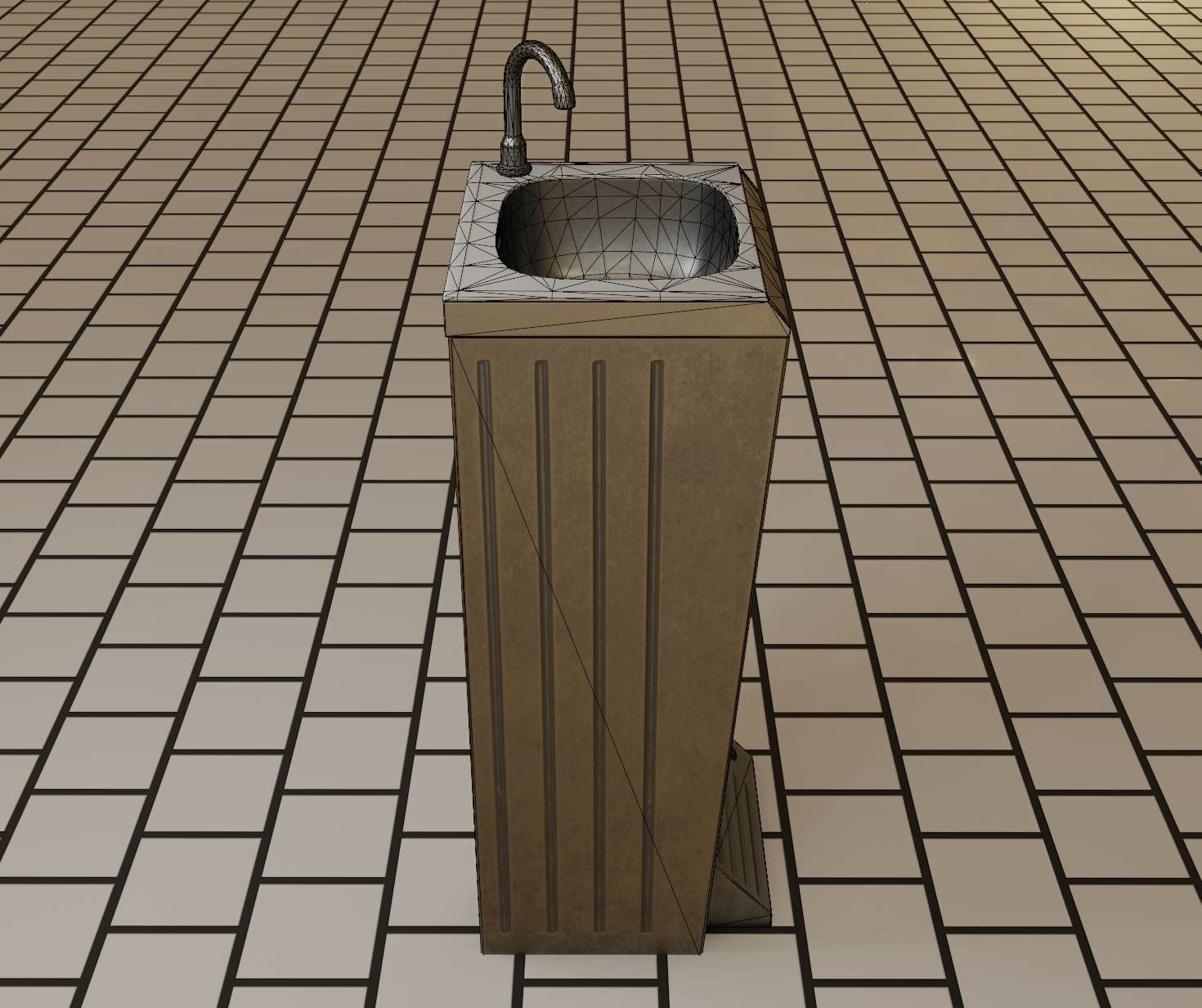 Public Metal Sink - 14 - with Wastebin Low-poly 3D model_99