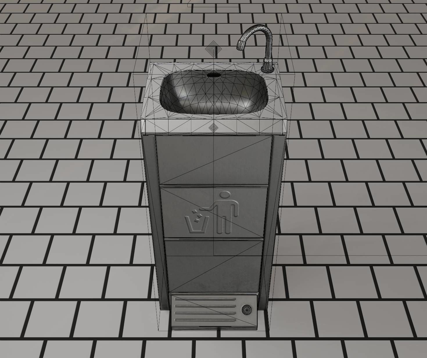 Public Metal Sink - 14 - with Wastebin Low-poly 3D model_12