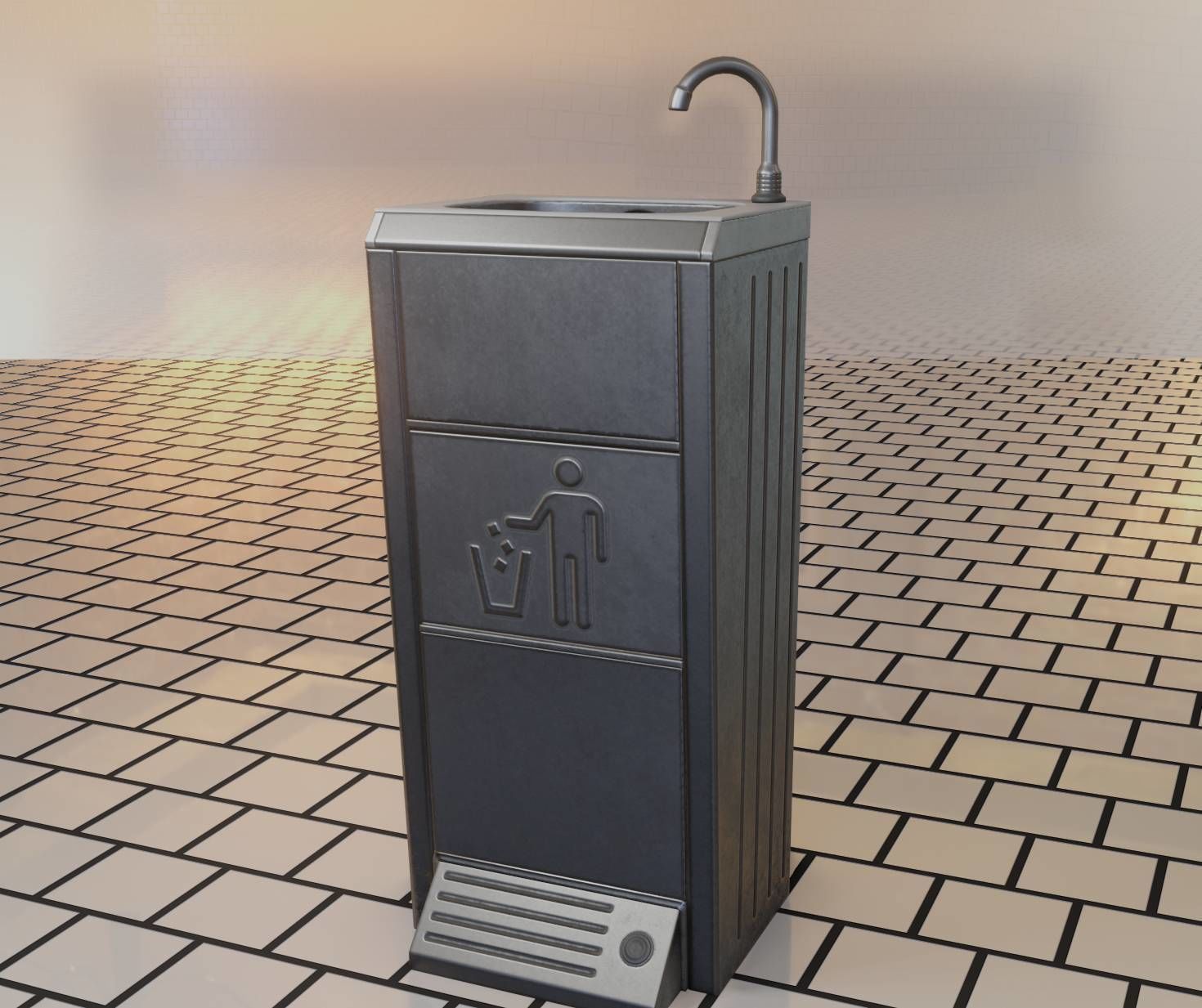 Public Metal Sink - 14 - with Wastebin Low-poly 3D model_78