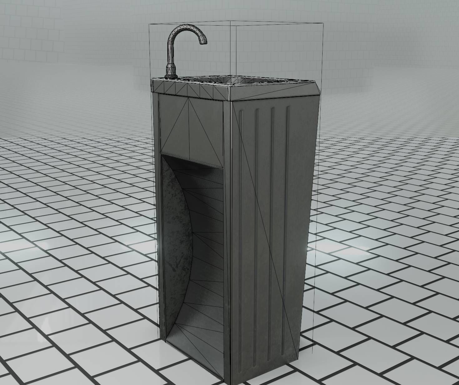 Public Metal Sink - 12- with Wastebin Low-poly 3D model_64