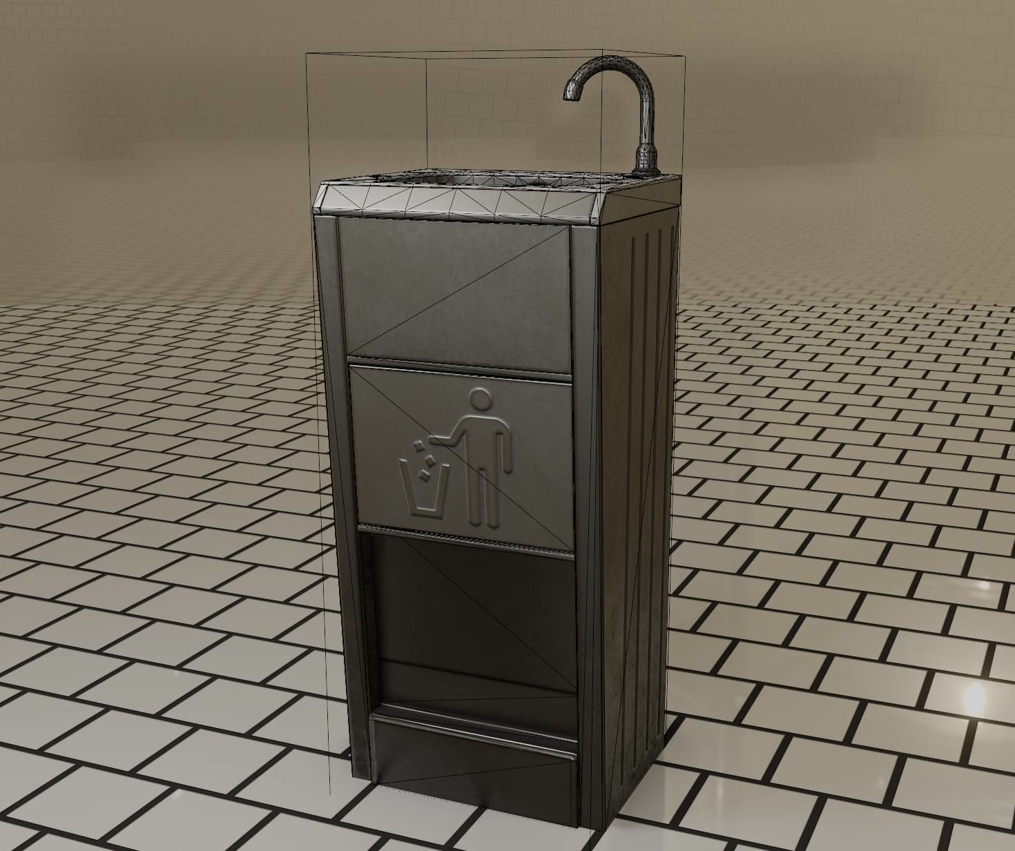 Public Metal Sink - 12- with Wastebin Low-poly 3D model_30