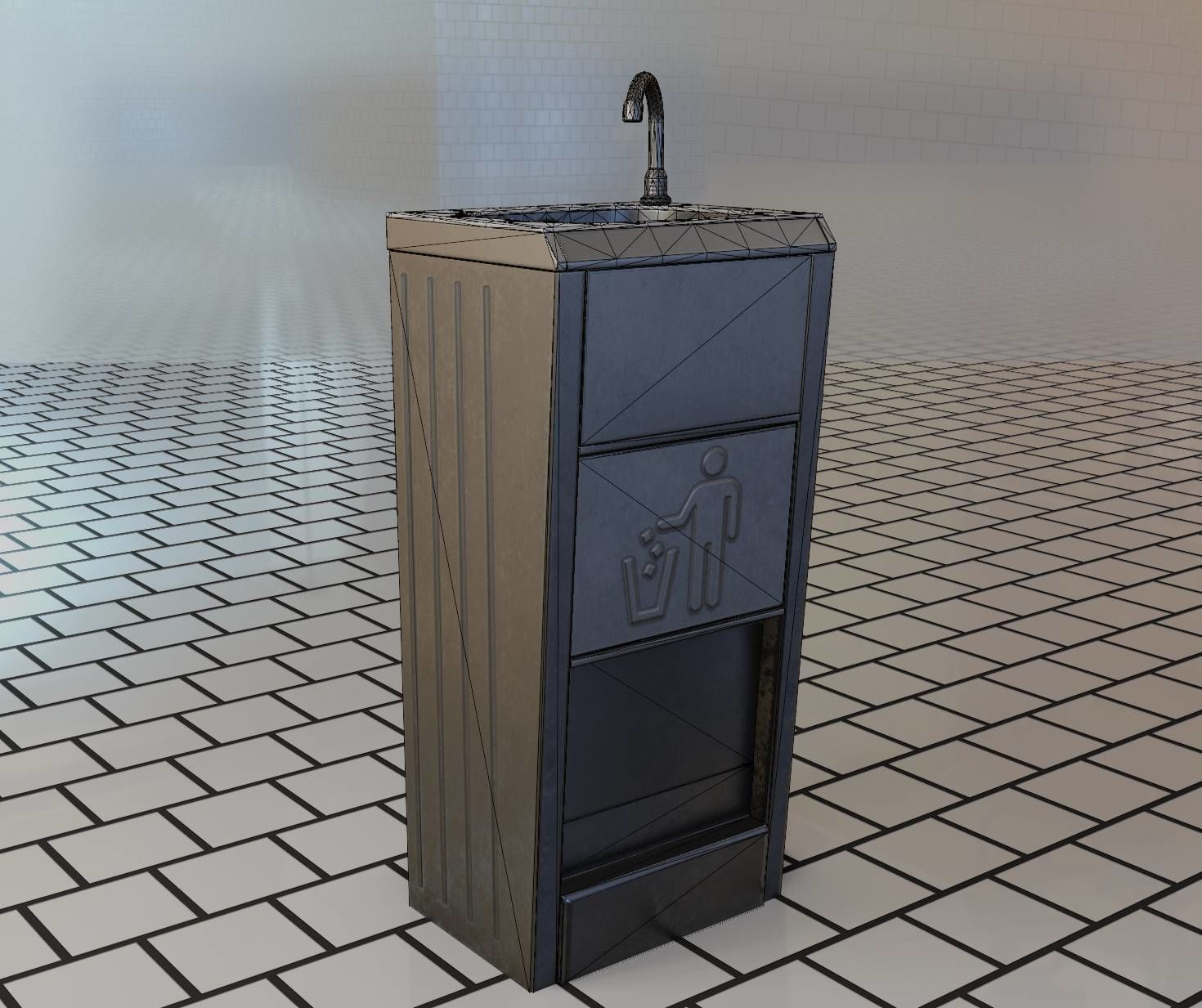 Public Metal Sink - 12- with Wastebin Low-poly 3D model_1