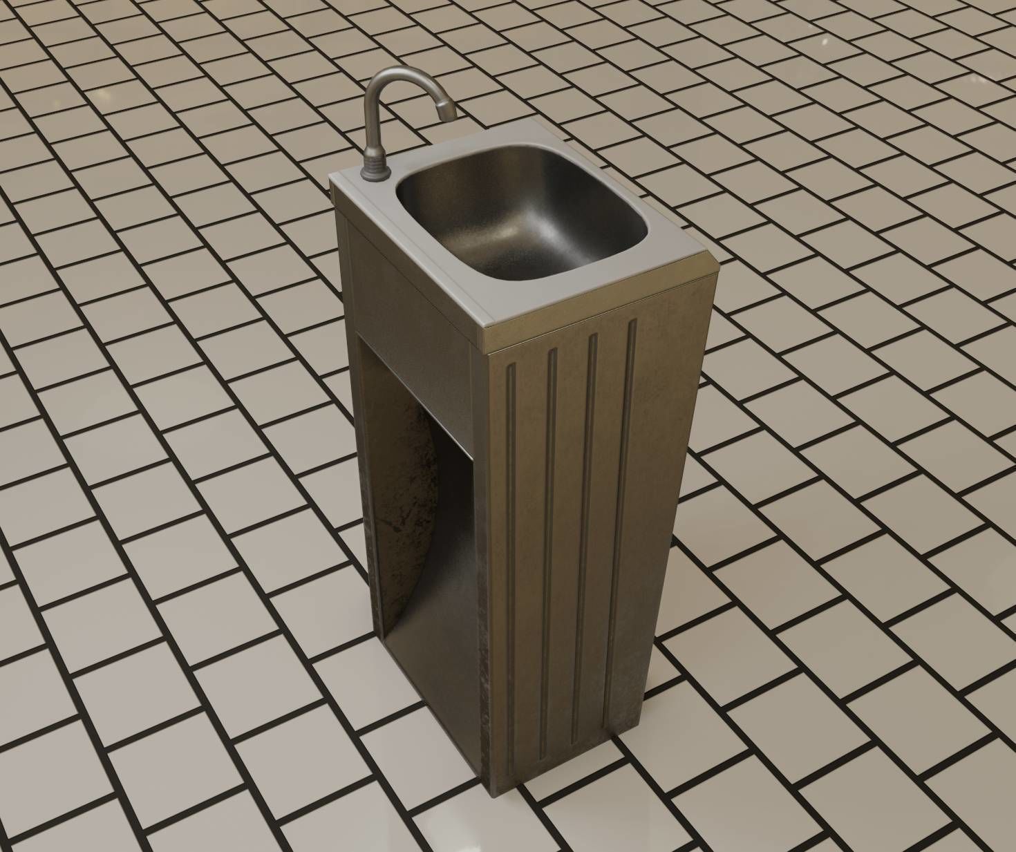 Public Metal Sink - 12- with Wastebin Low-poly 3D model_57