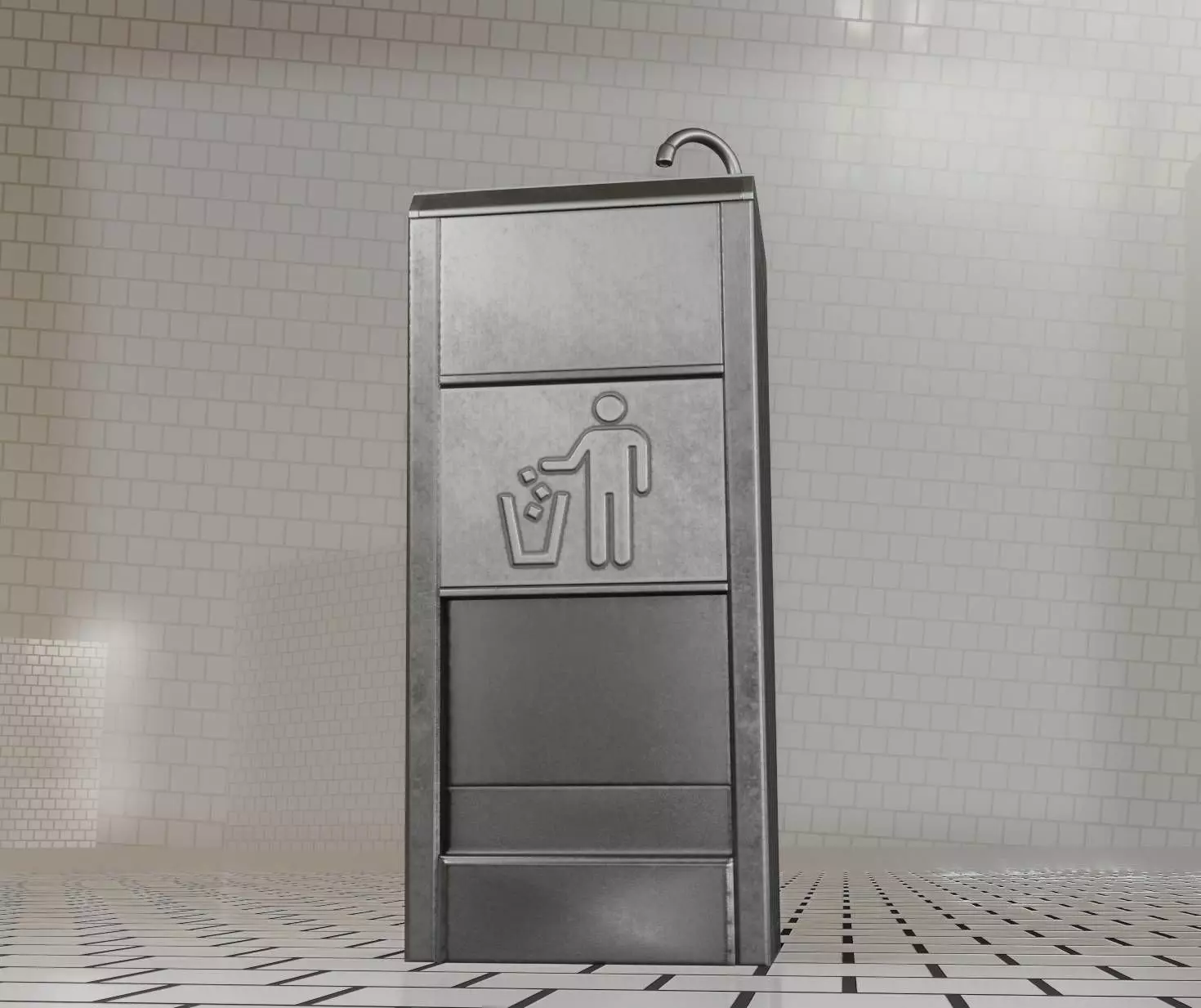 Public Metal Sink - 12- with Wastebin Low-poly 3D model_0