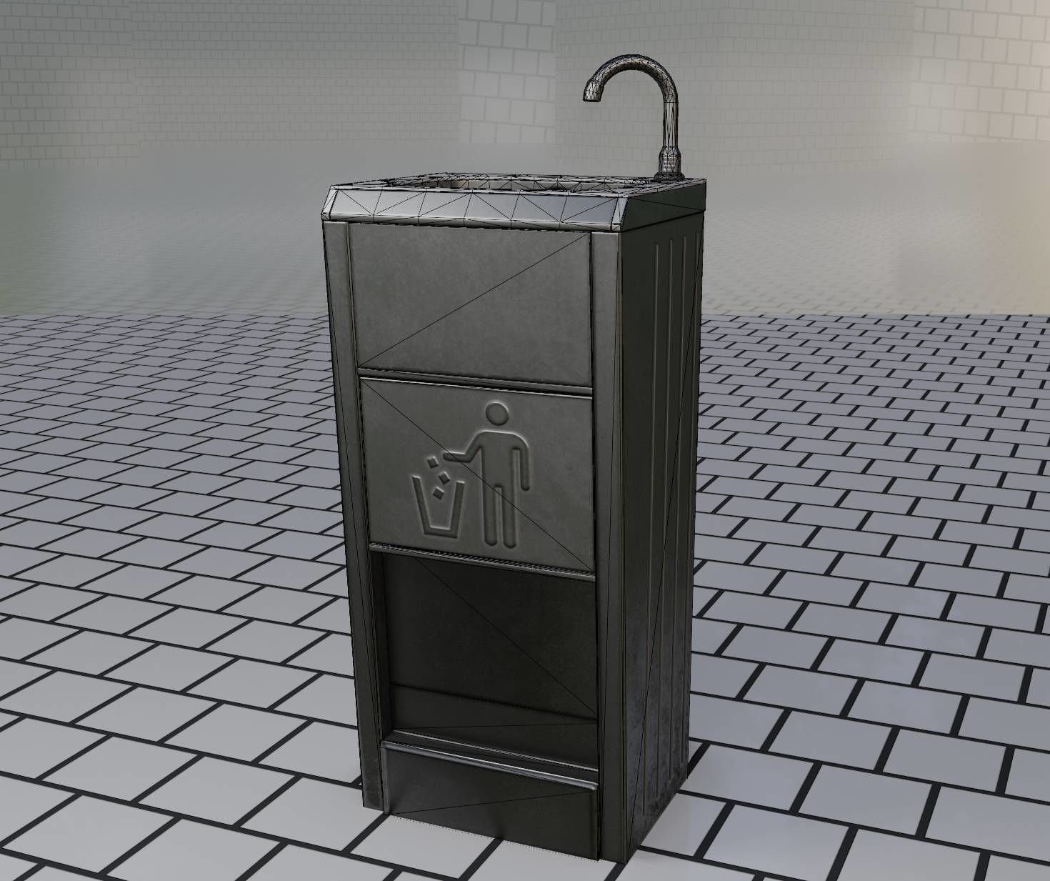 Public Metal Sink - 12- with Wastebin Low-poly 3D model_61